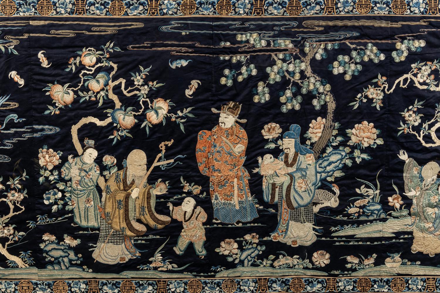 A Large Midnight Blue Satin Ground Embroidered Silk Panel