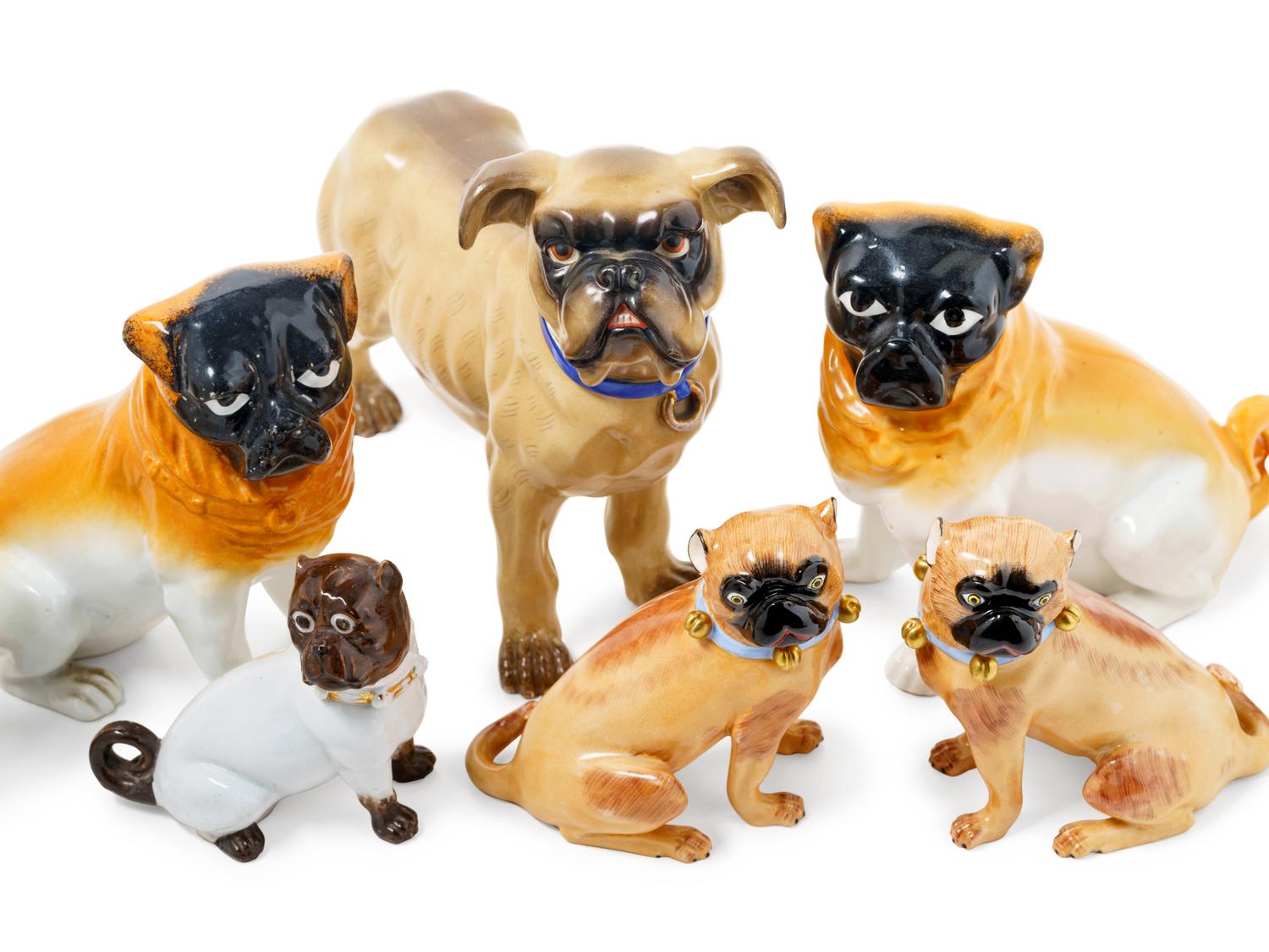 Eight Porcelain Pug Figures