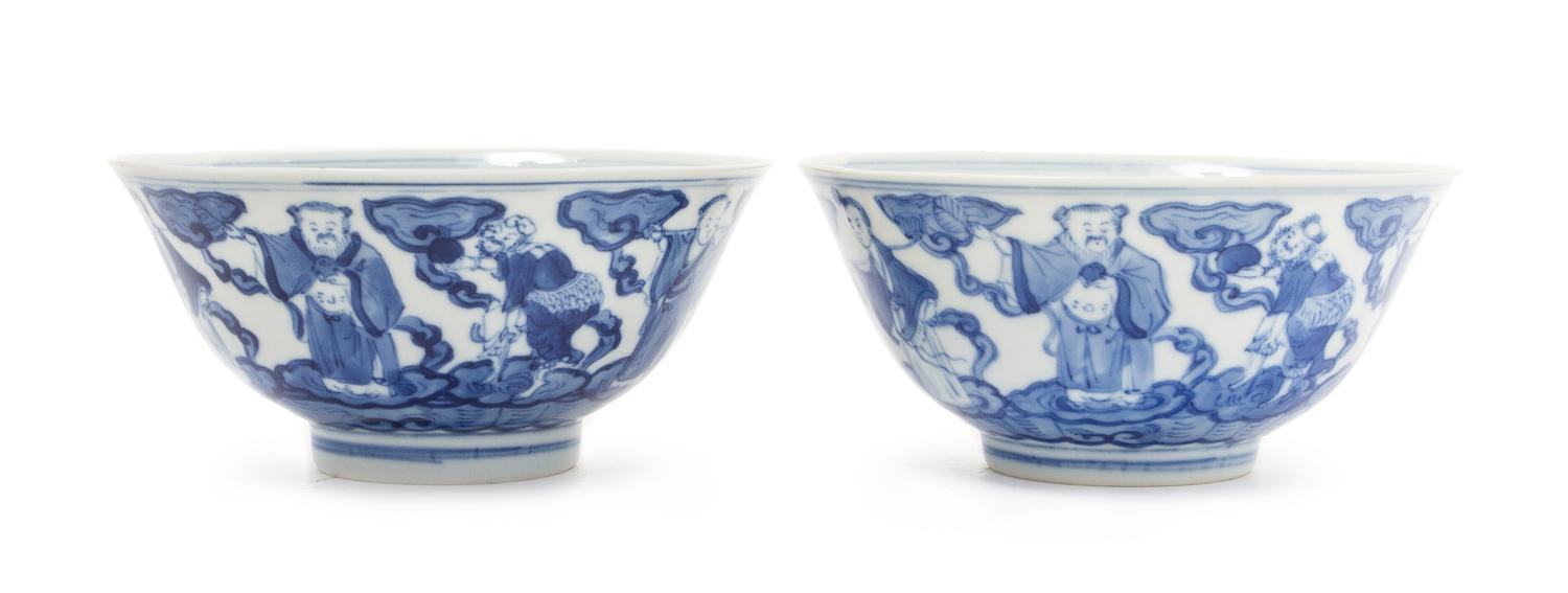 A Pair of Blue and White Porcelain Bowls Diameter of pair 6 inches.