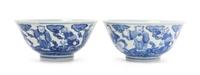 A Pair of Blue and White Porcelain Bowls Diameter of pair 6 inches.