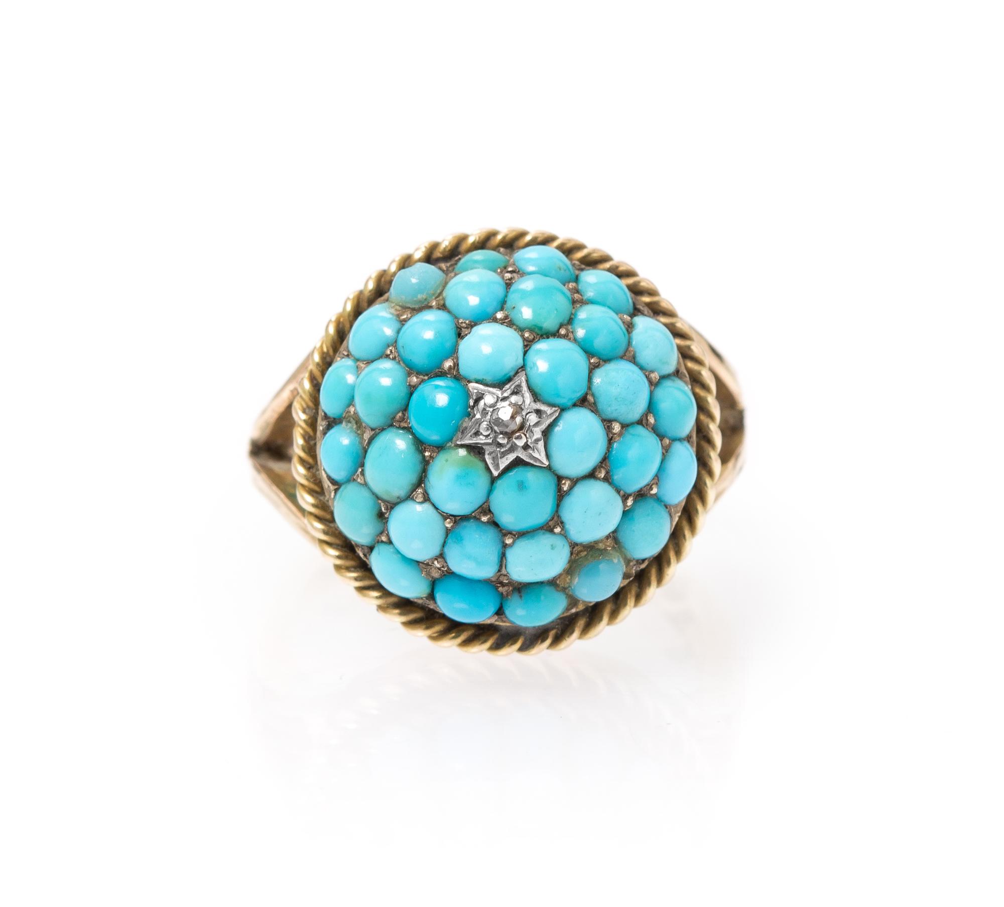 A Yellow Gold, Turquoise and Diamond Bombe Ring, 5.00 dwts.