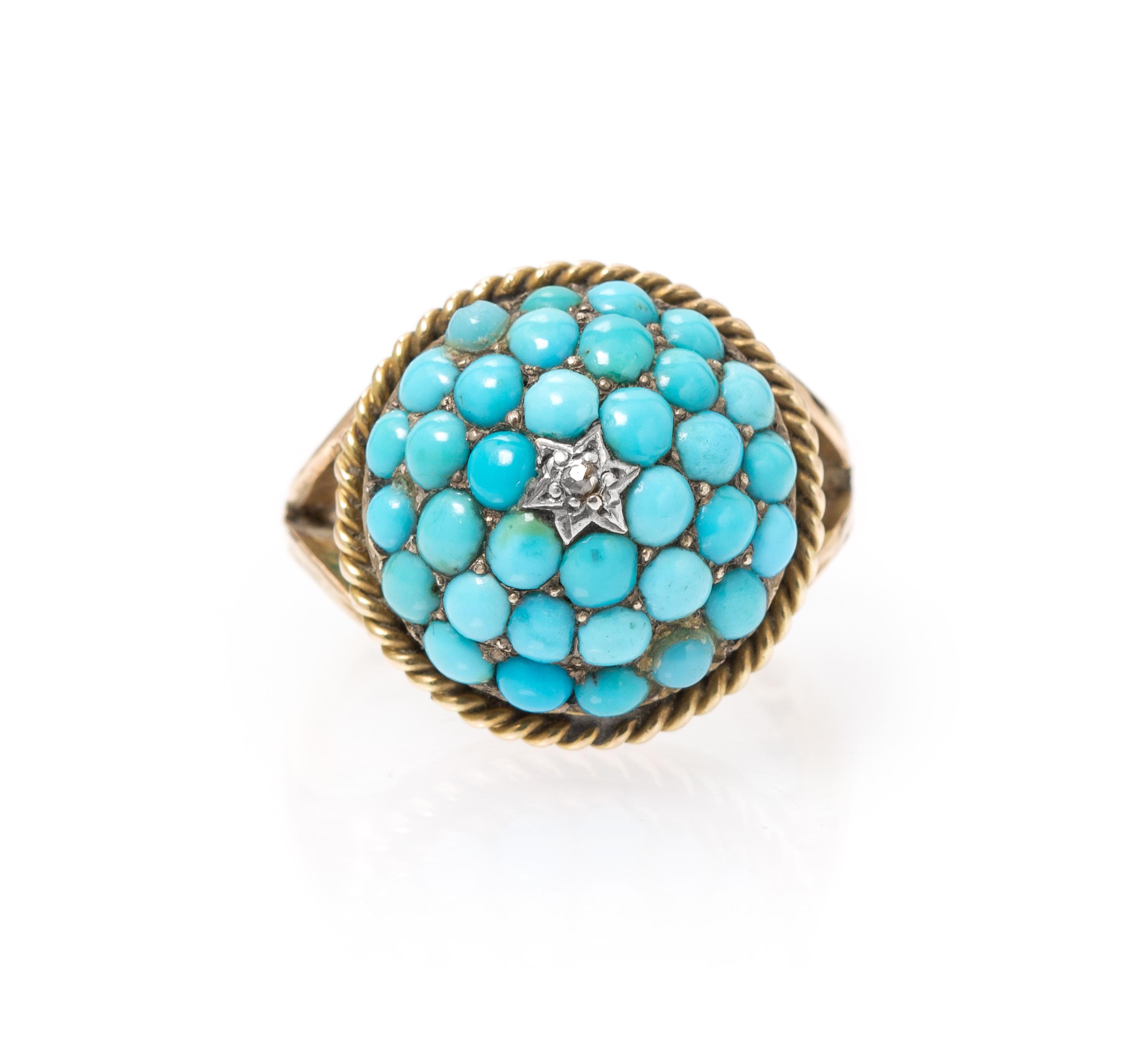 A Yellow Gold, Turquoise and Diamond Bombe Ring, 5.00 dwts.