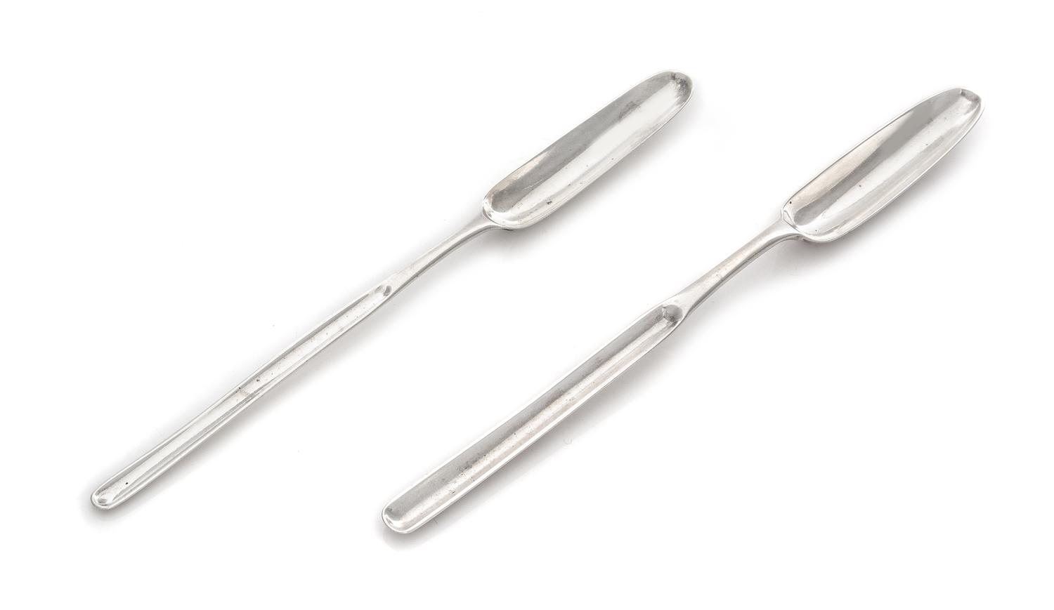 Two George III Silver Marrow Scoops, Peter & Ann Bateman, London 1795 and Samuel Hennel, London, 1813, each of typical form.
