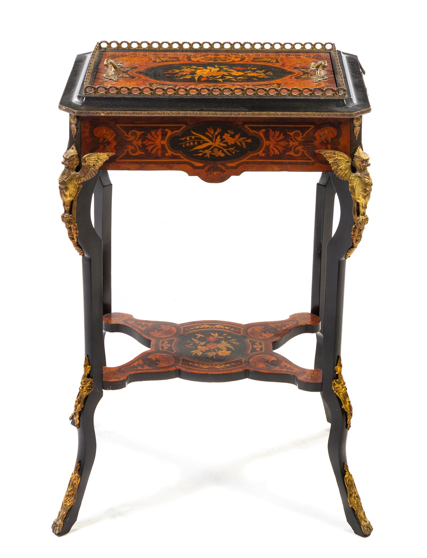 A Napoleon III Gilt Metal Mounted Marquetry Jardiniere Stand, Height 31 1/2 x width 21 x depth 15 3/4 inches.