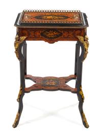 A Napoleon III Gilt Metal Mounted Marquetry Jardiniere Stand, Height 31 1/2 x width 21 x depth 15 3/4 inches.