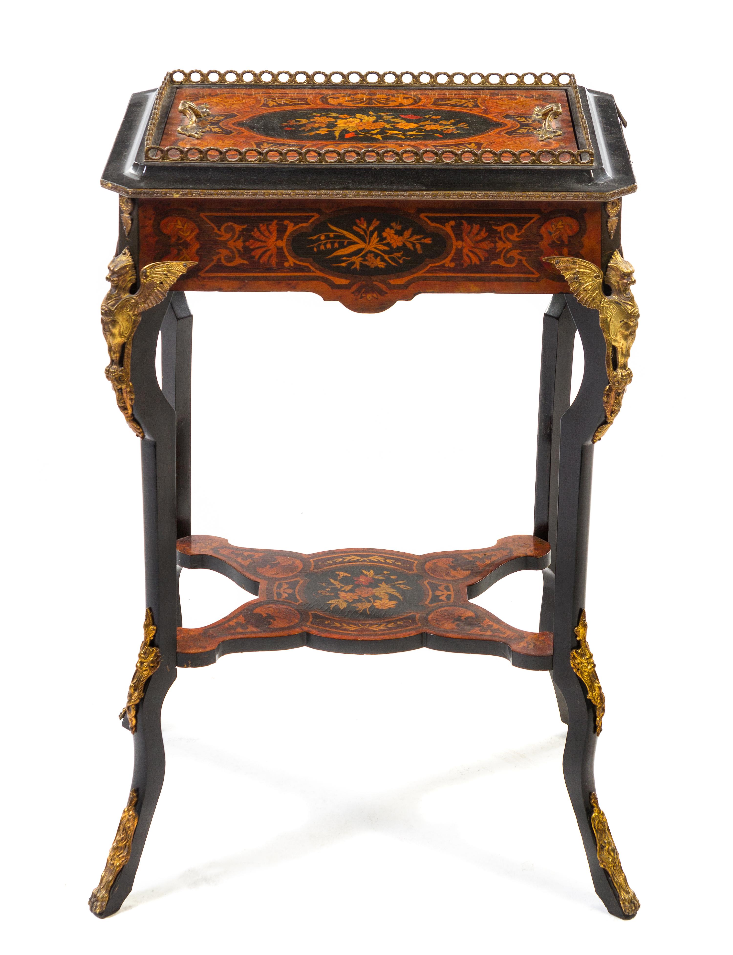 A Napoleon III Gilt Metal Mounted Marquetry Jardiniere Stand, Height 31 1/2 x width 21 x depth 15 3/4 inches.