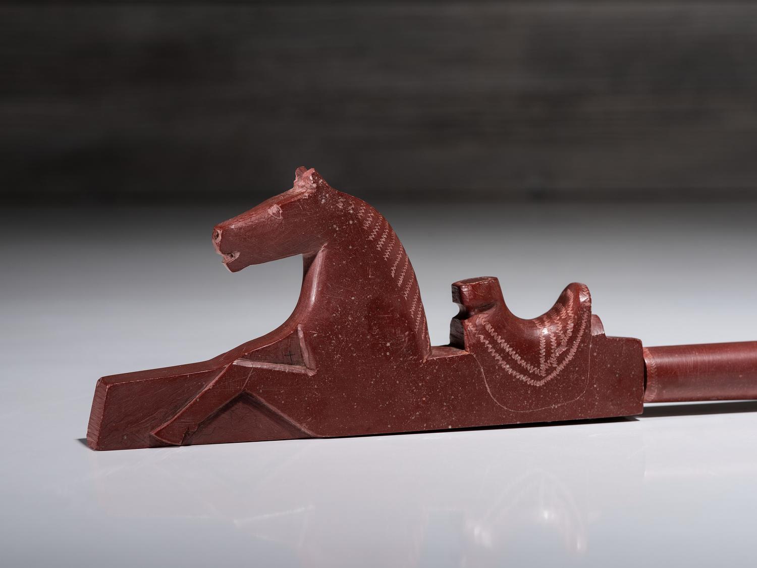 Western Great Lakes Catlinite Pipe and Stem, with Horse