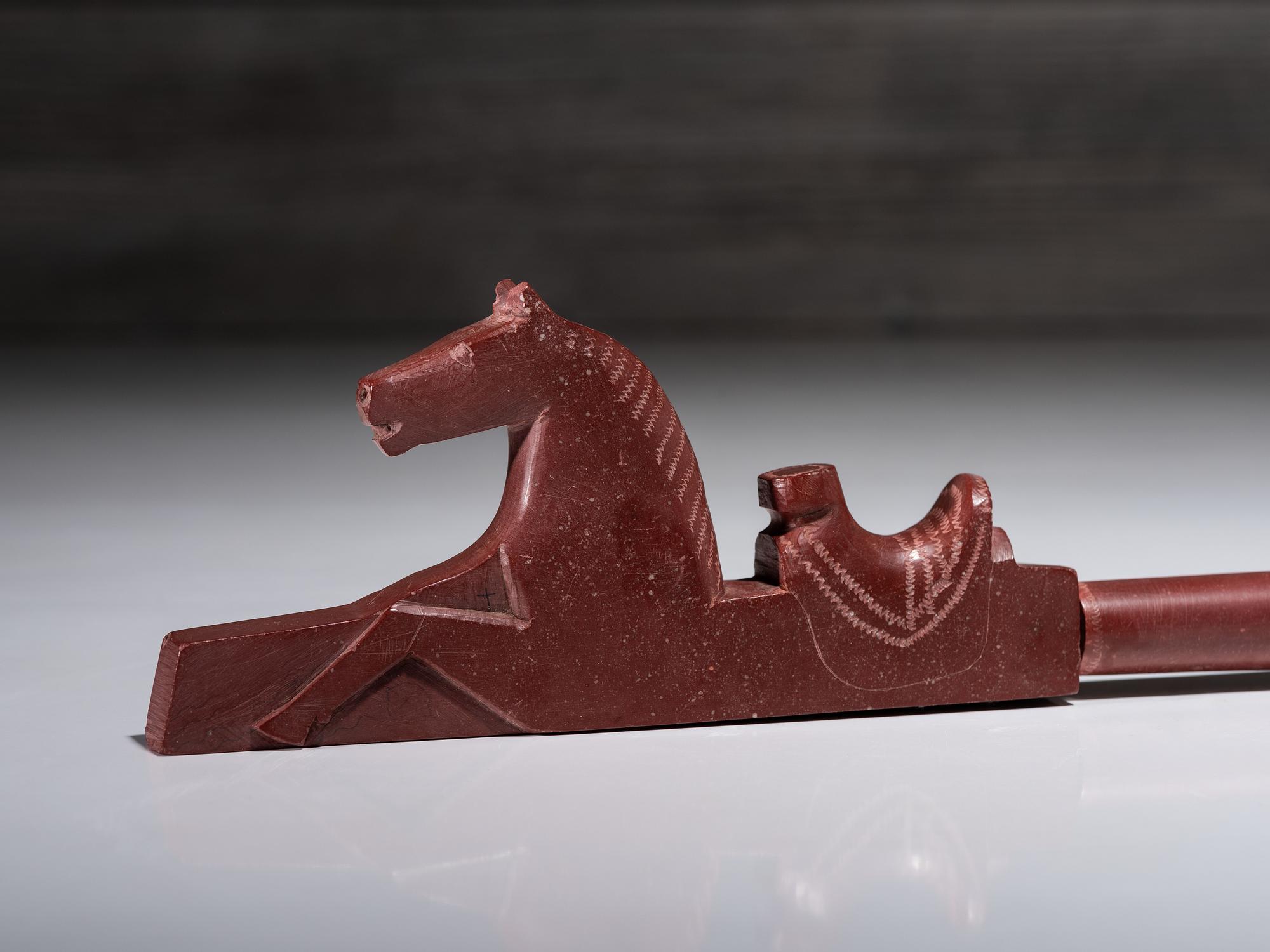 Western Great Lakes Catlinite Pipe and Stem, with Horse