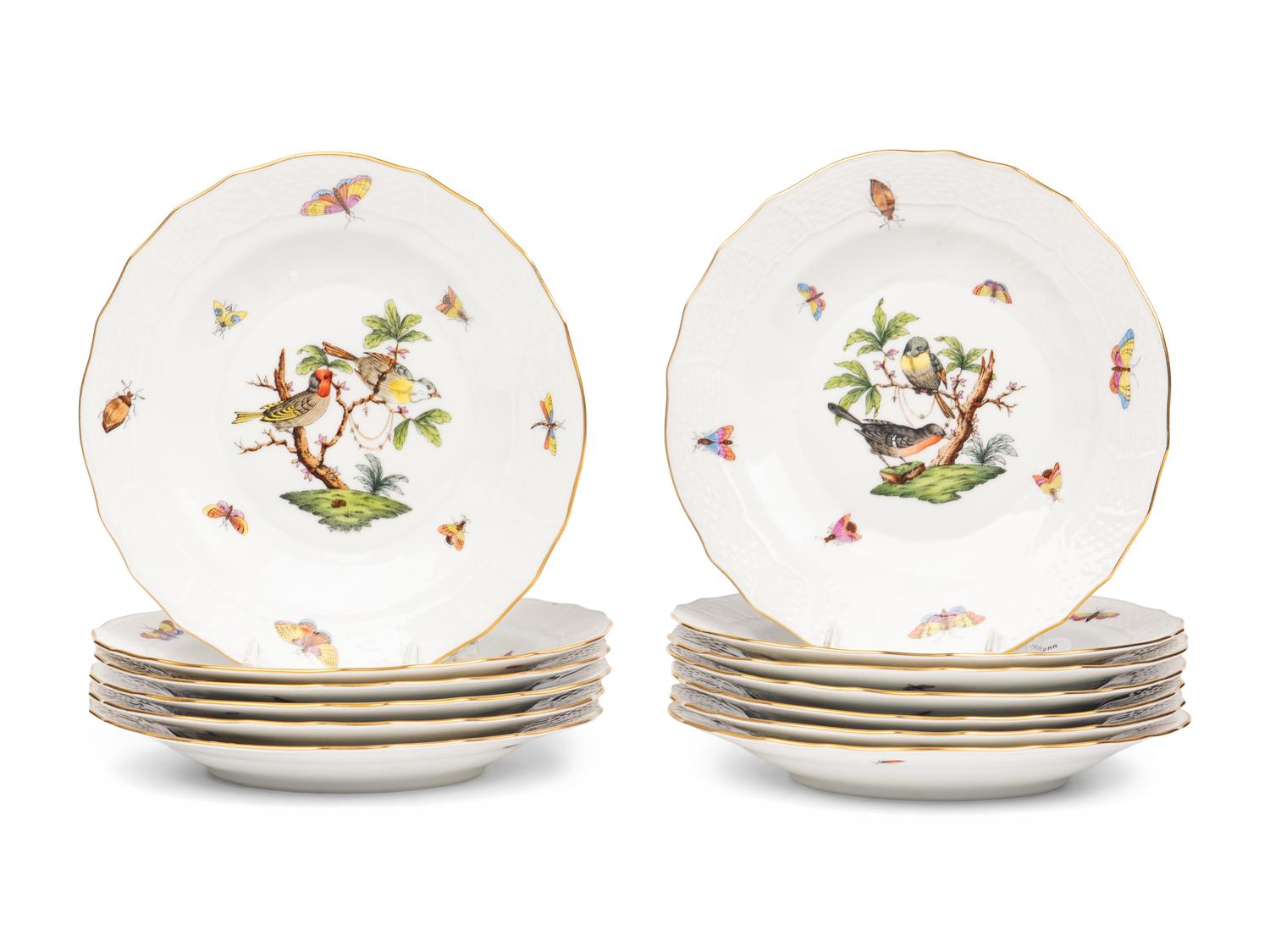A Set of Thirteen Herend Rothschild Bird Porcelain Dessert Plates
