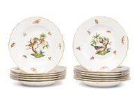 A Set of Thirteen Herend Rothschild Bird Porcelain Dessert Plates
