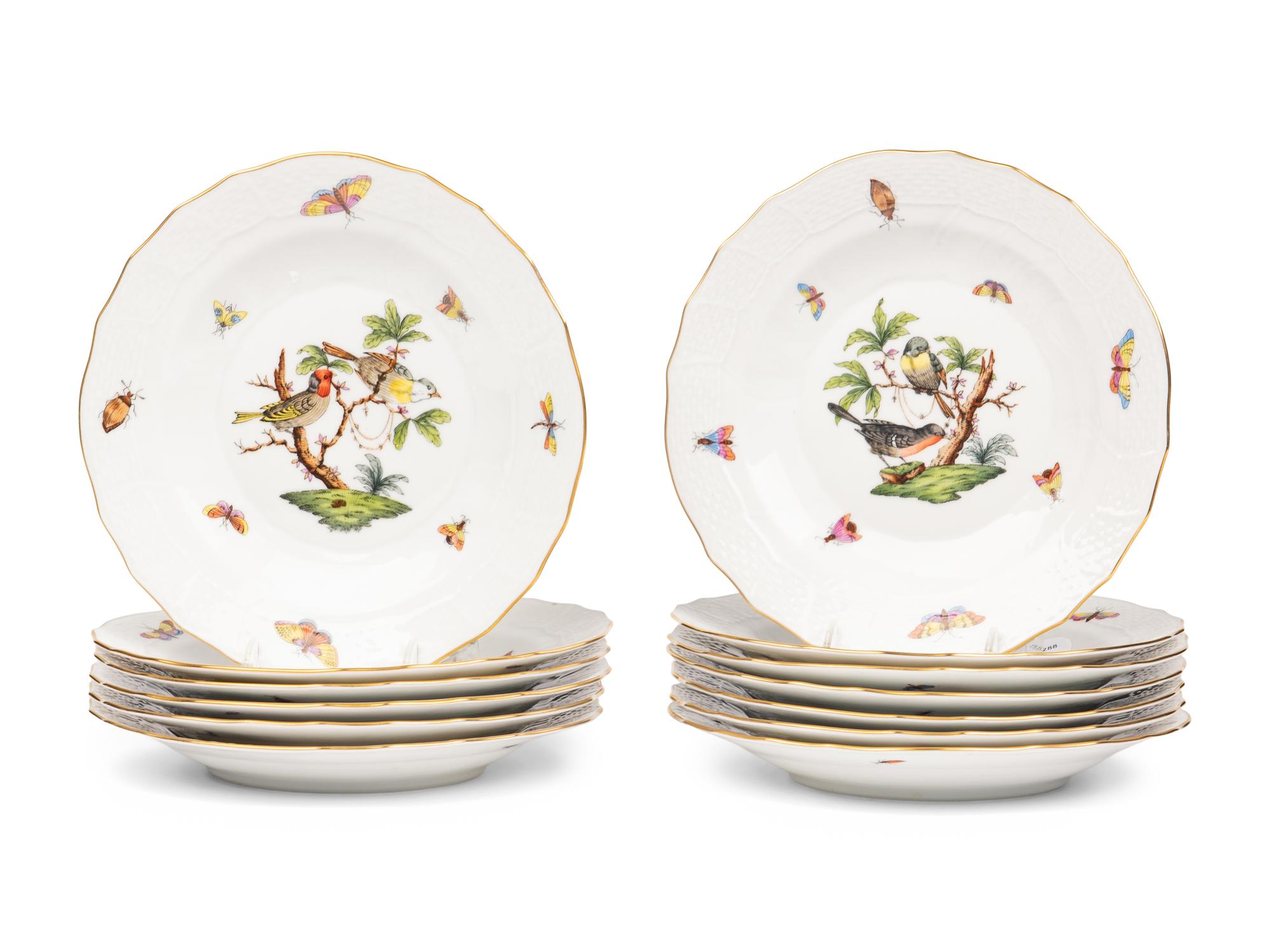 A Set of Thirteen Herend Rothschild Bird Porcelain Dessert Plates