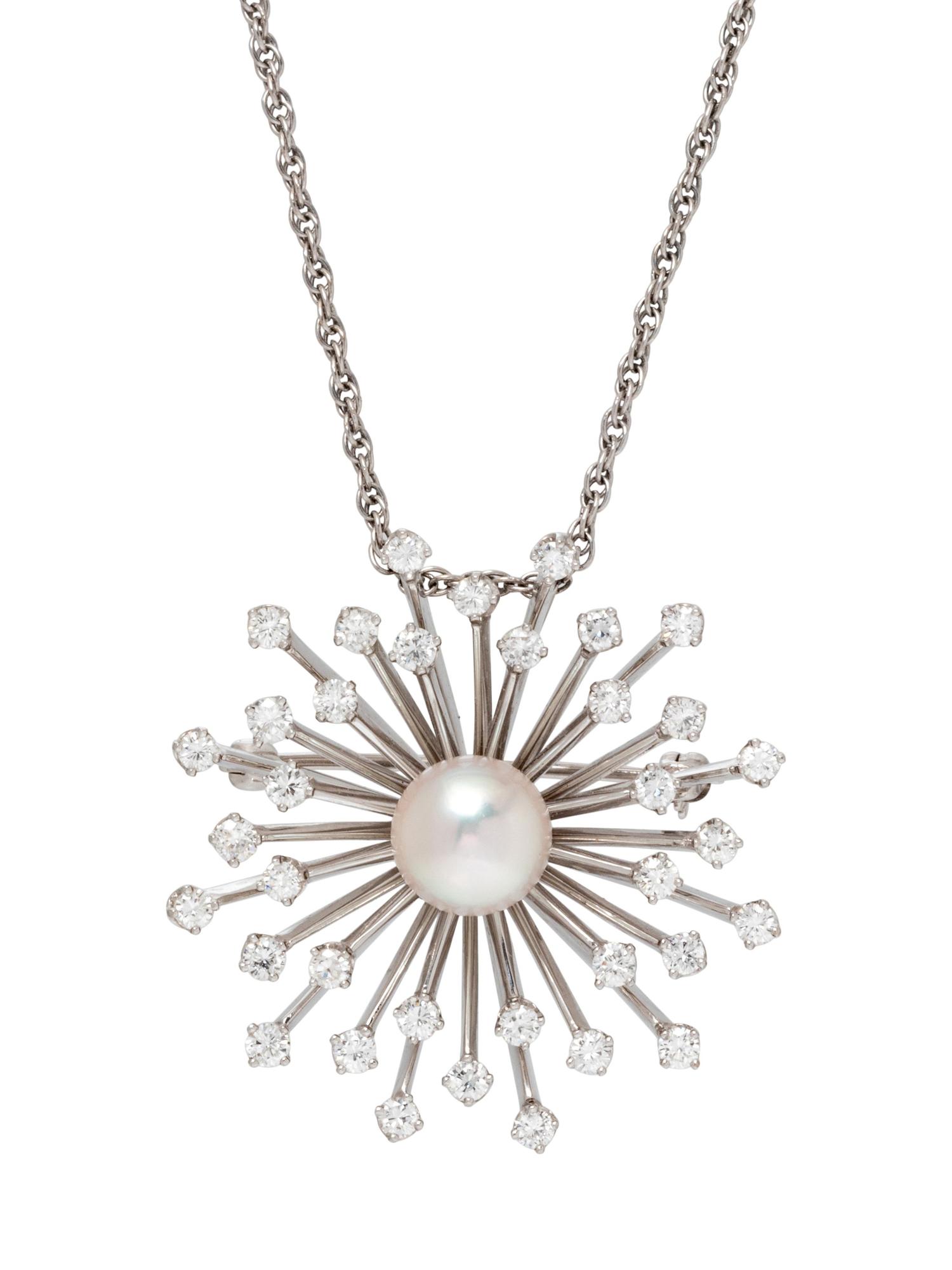 A White Gold, Cultured Pearl and Diamond Pendant/Brooch,
