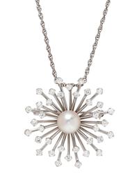 A White Gold, Cultured Pearl and Diamond Pendant/Brooch,