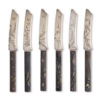 A Set of Six Sterling Silver and Mixed Metal "Japonesque" Fruit Knives
