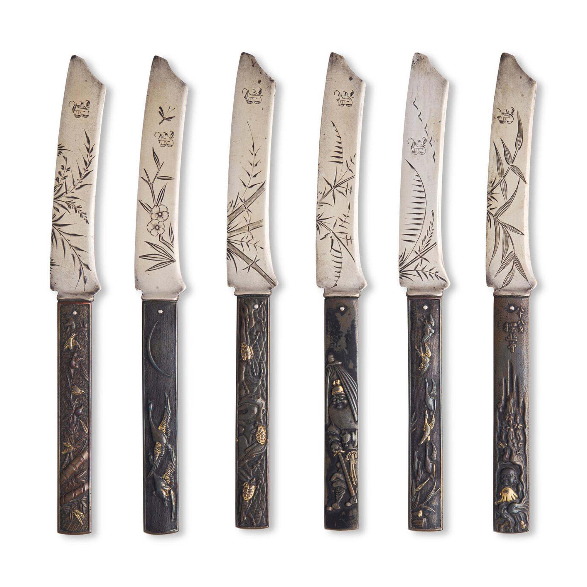 A Set of Six Sterling Silver and Mixed Metal "Japonesque" Fruit Knives