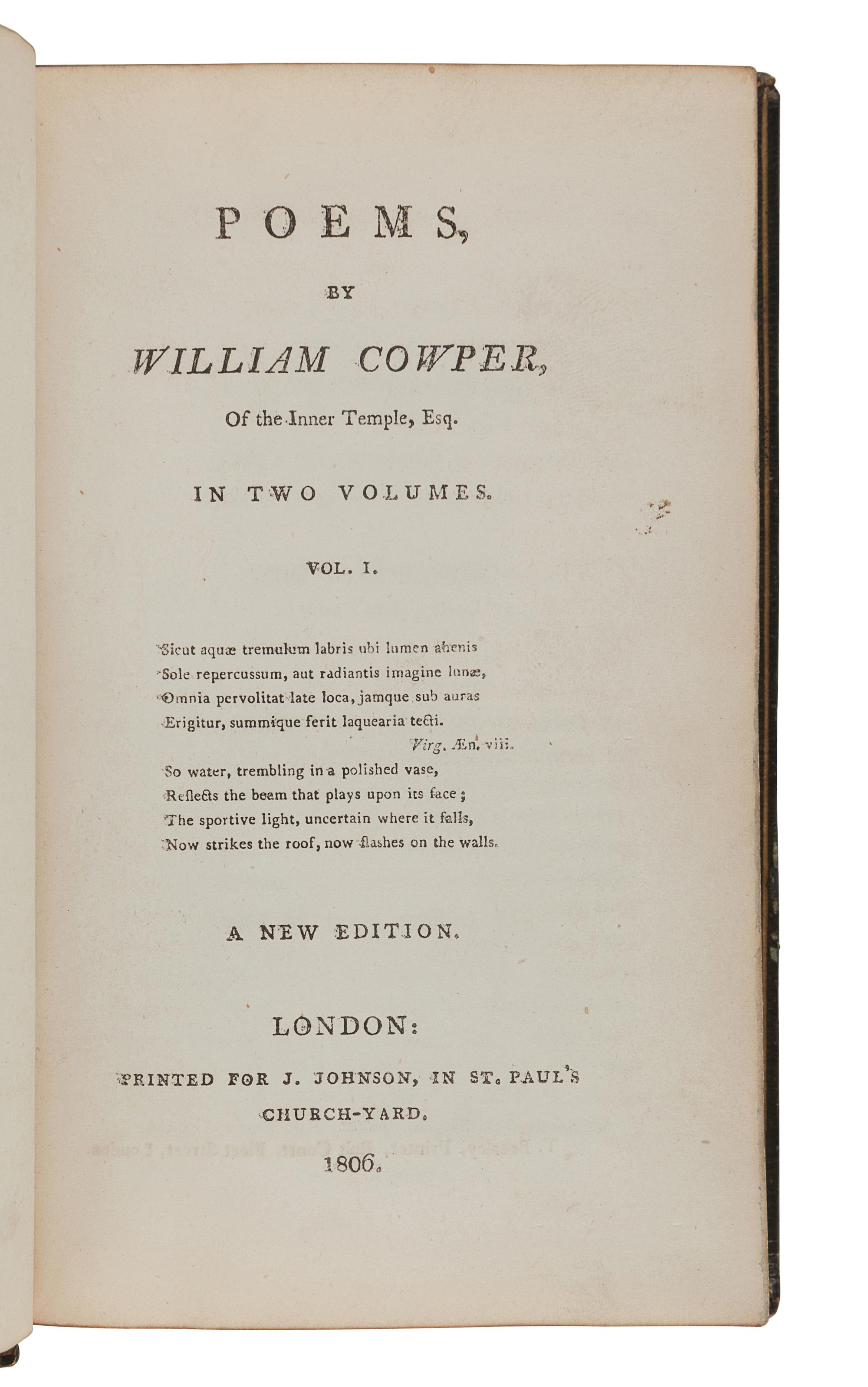 [FORE-EDGE PAINTINGS]. COWPER, William (1731-1800). Poems, By William Cowper. London: J. Johnson, 1806.