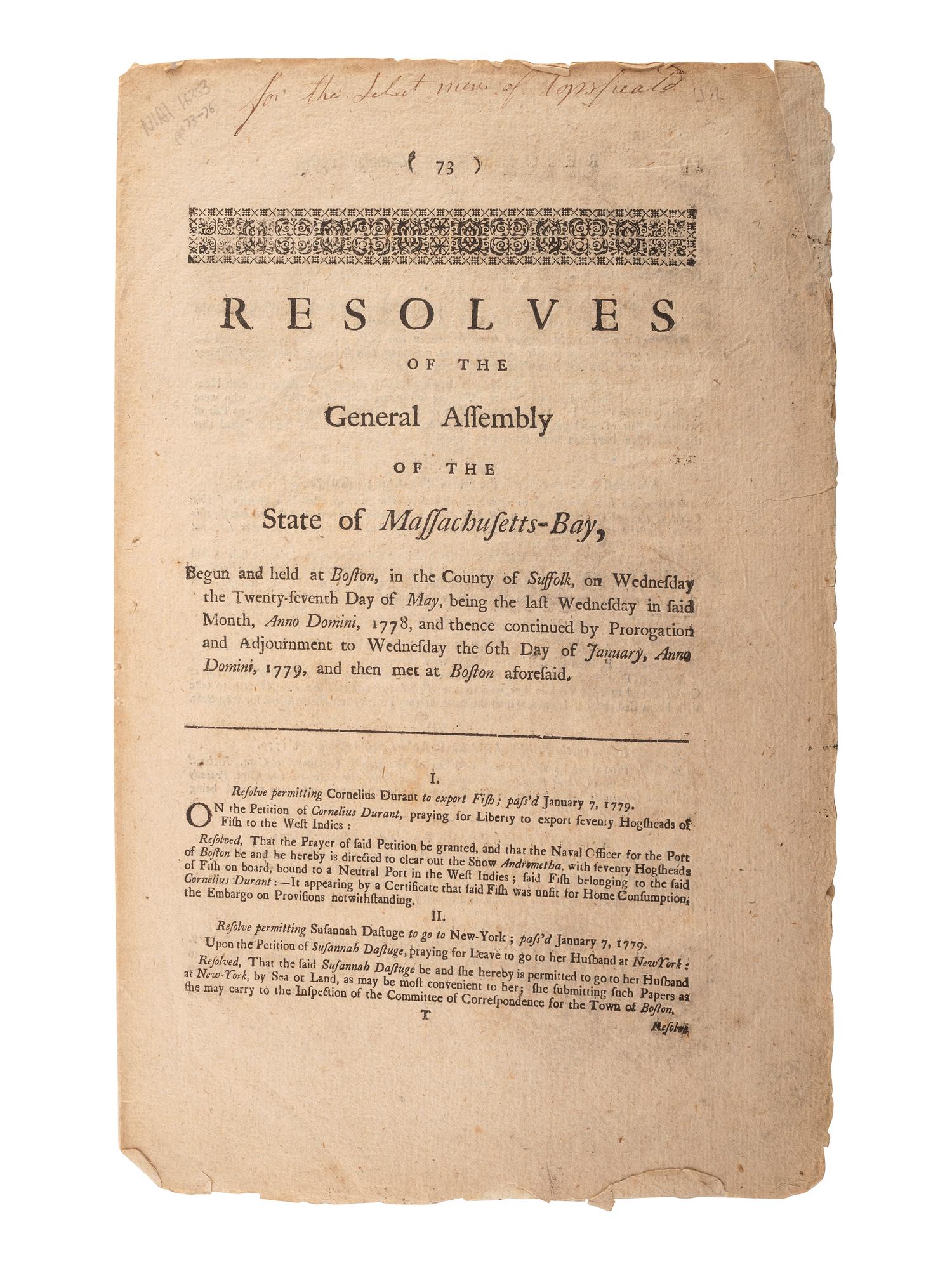 [REVOLUTIONARY WAR]. Resolves of the General Assembly of the State of Massachusetts-Bay , 1779.