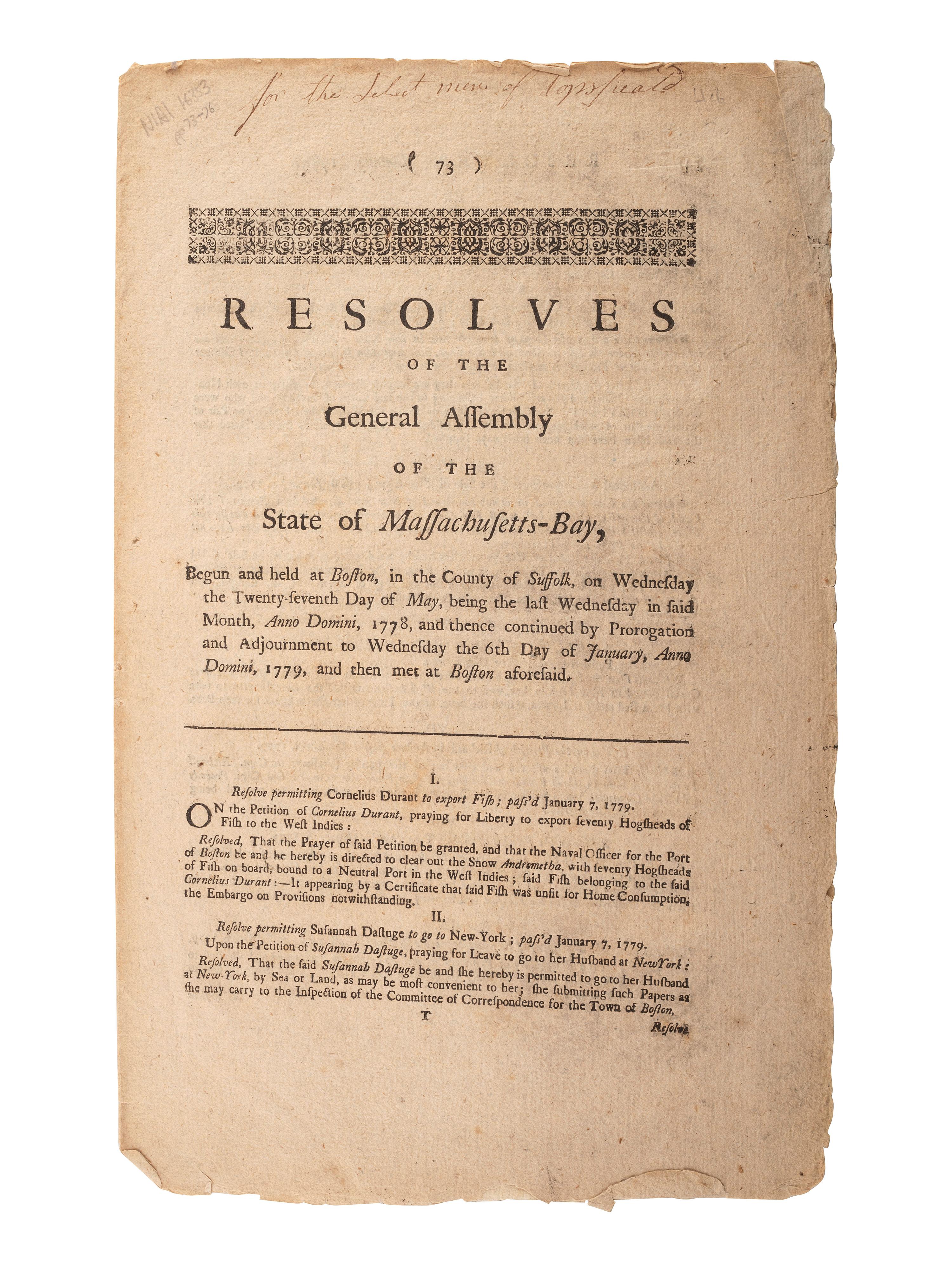 [REVOLUTIONARY WAR]. Resolves of the General Assembly of the State of Massachusetts-Bay , 1779.