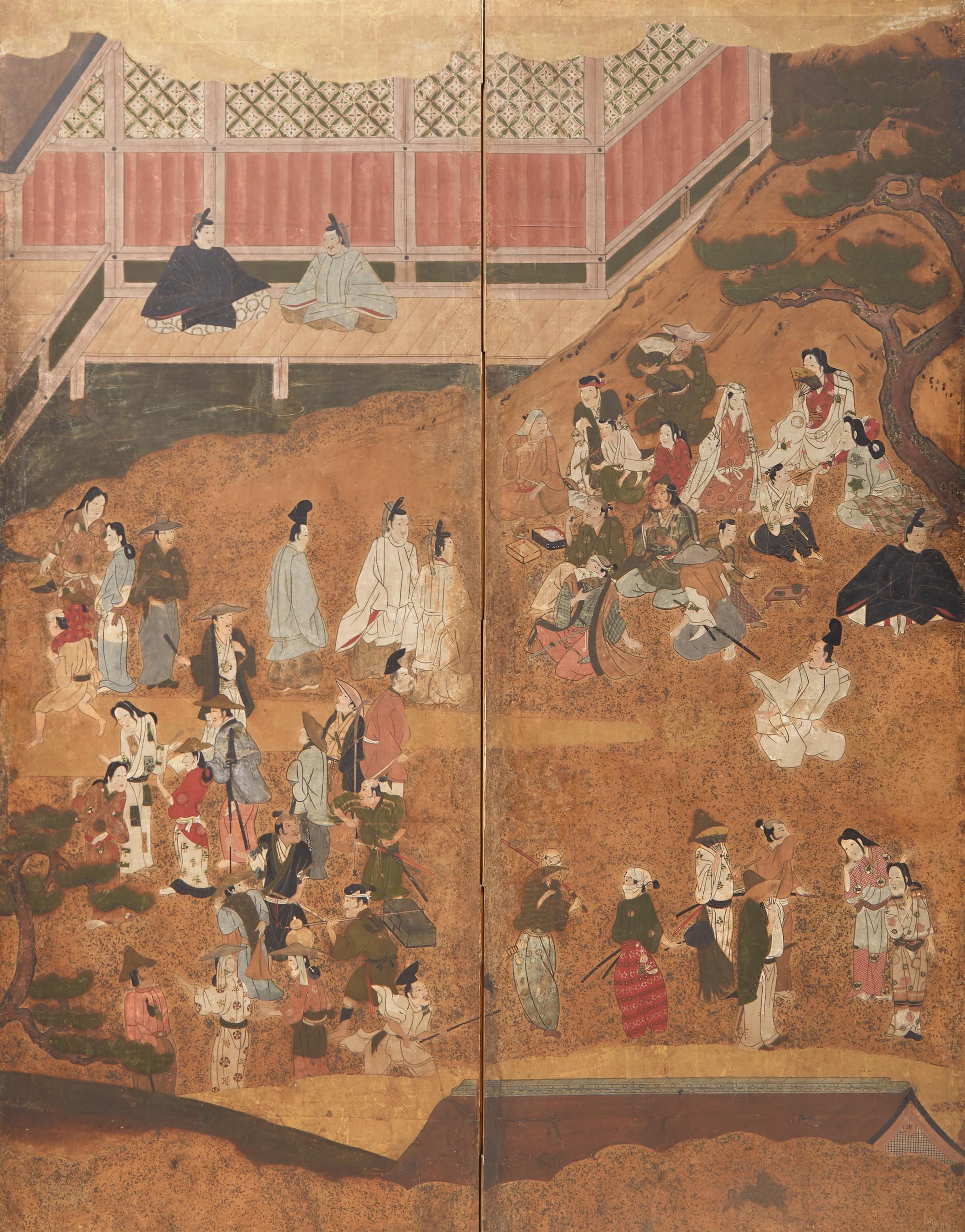 A Japanese Six-Panel Figural Floor Screen, Tosa School, 17th/18th Century