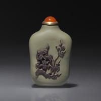A Chinese Carved Duan Stone Snuff Bottle, Qing Dynasty, Circa 1740-1880 — 1740–1880年 雙色端石巧雕梅花詩文鼻煙壺
