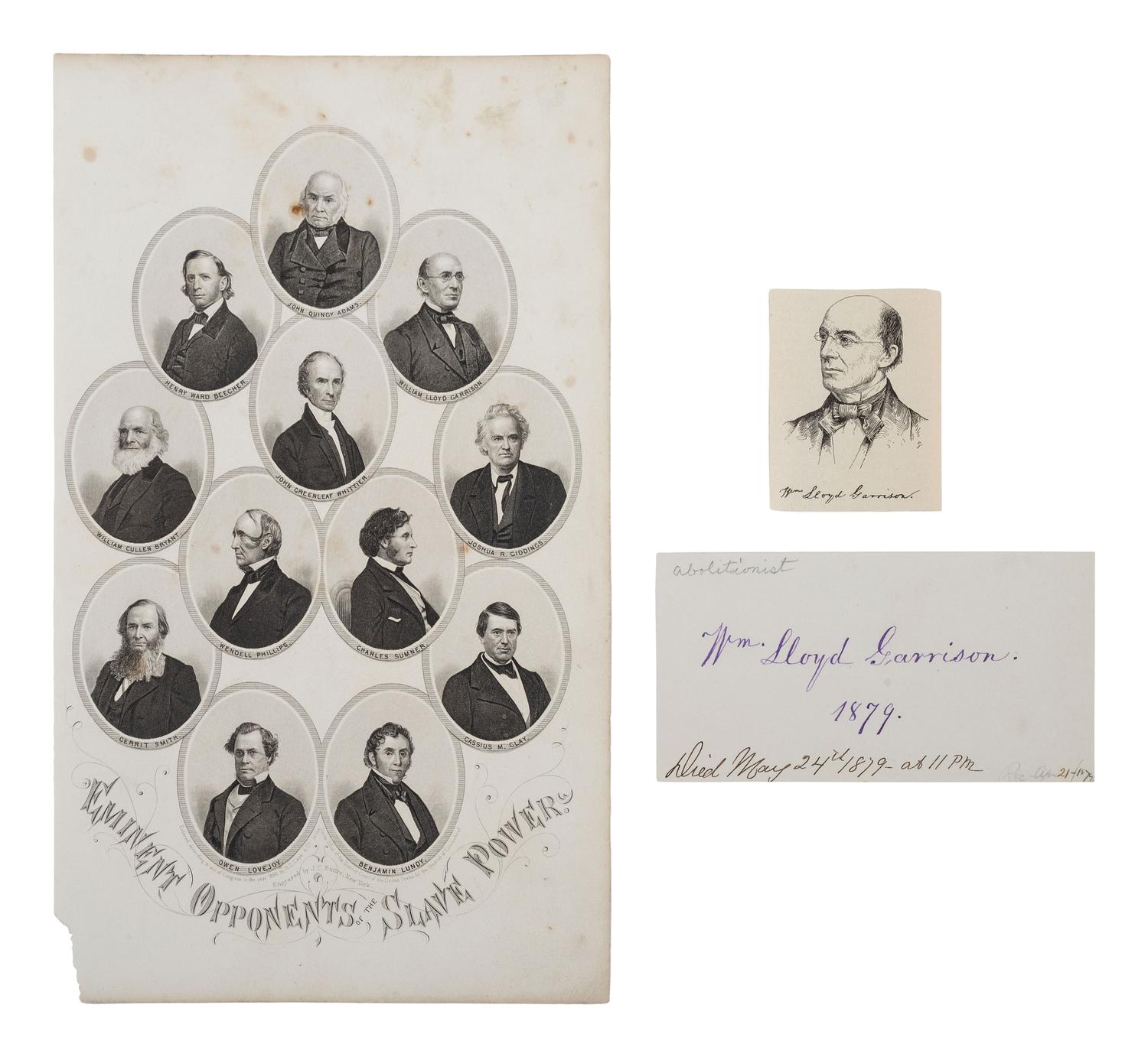 [ENSLAVEMENT & ABOLITION]. A group of 11 items related to abolitionists including William Lloyd GARRISON, Wendell PHILLIPS, Gerrit SMITH, and Henry Ward BEECHER.