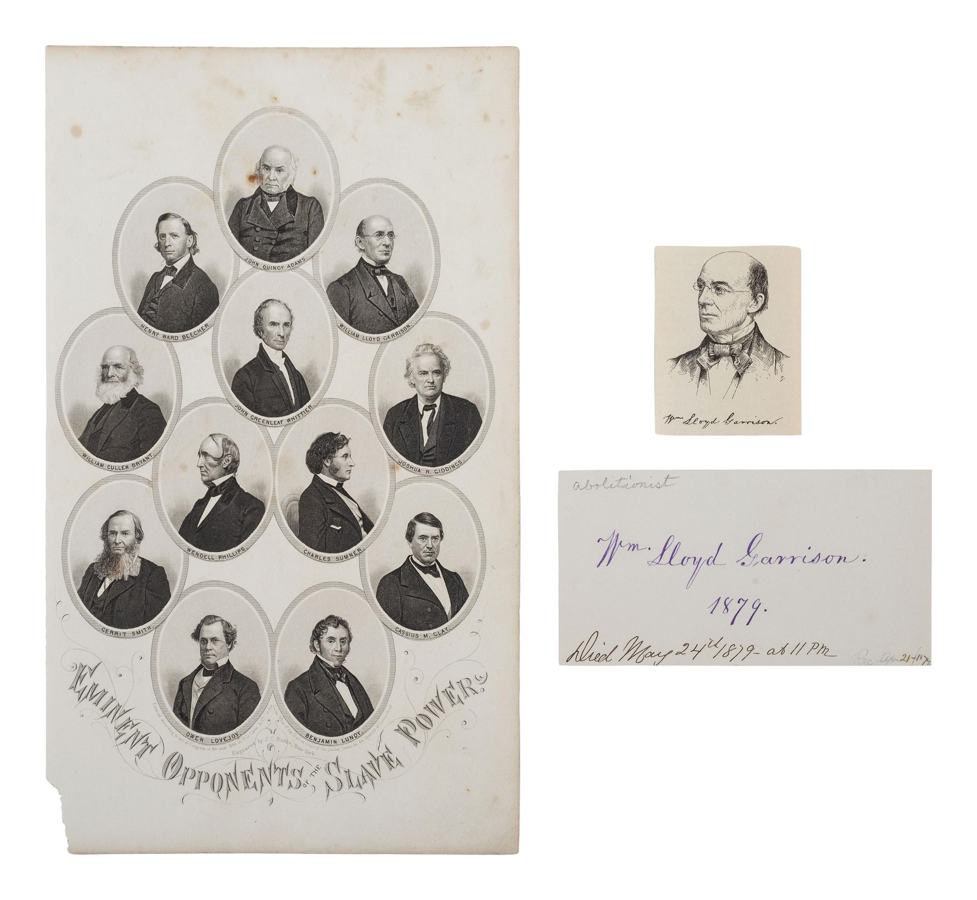 [ENSLAVEMENT & ABOLITION]. A group of 11 items related to abolitionists including William Lloyd GARRISON, Wendell PHILLIPS, Gerrit SMITH, and Henry Ward BEECHER.