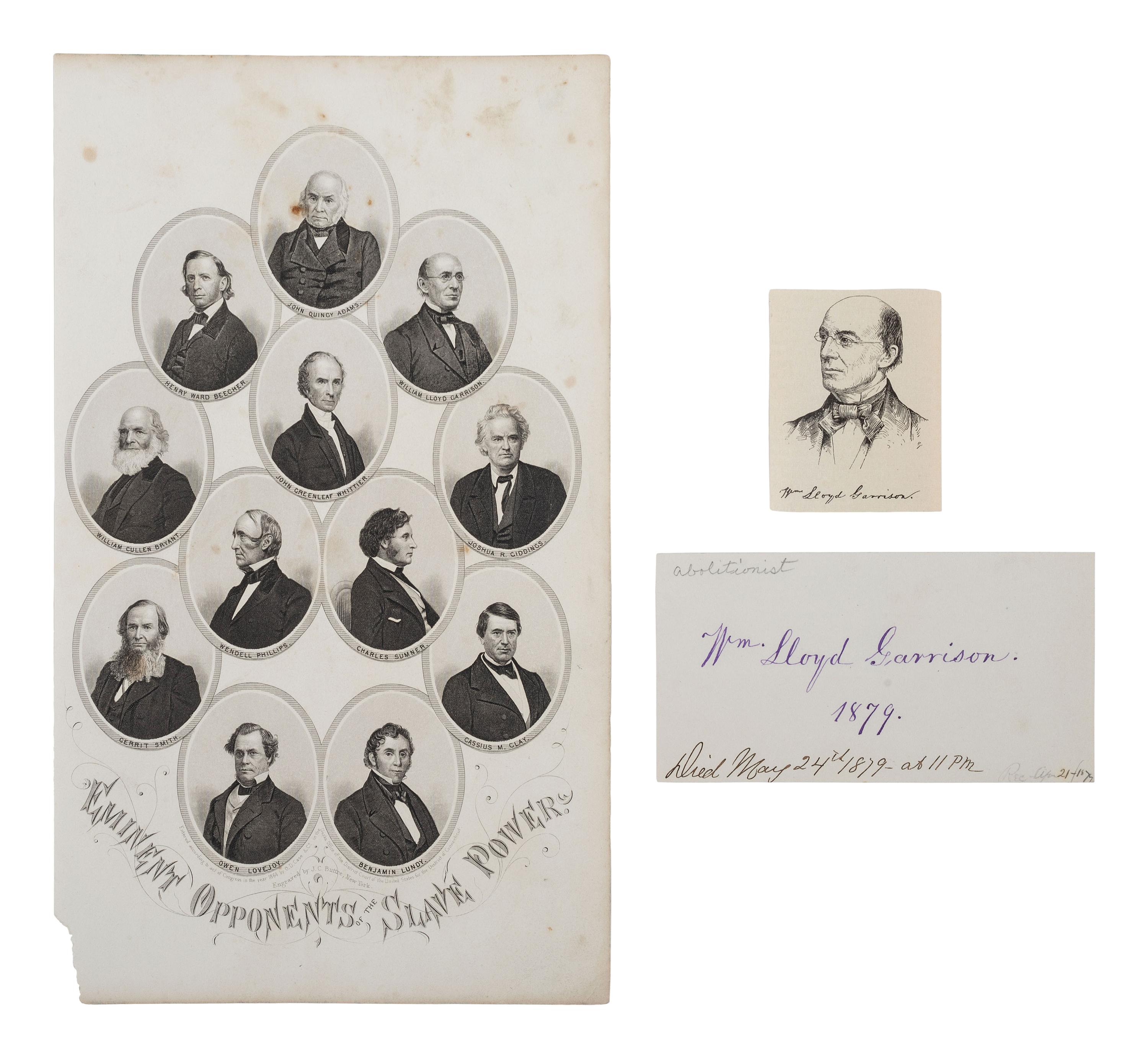 [ENSLAVEMENT & ABOLITION]. A group of 11 items related to abolitionists including William Lloyd GARRISON, Wendell PHILLIPS, Gerrit SMITH, and Henry Ward BEECHER.