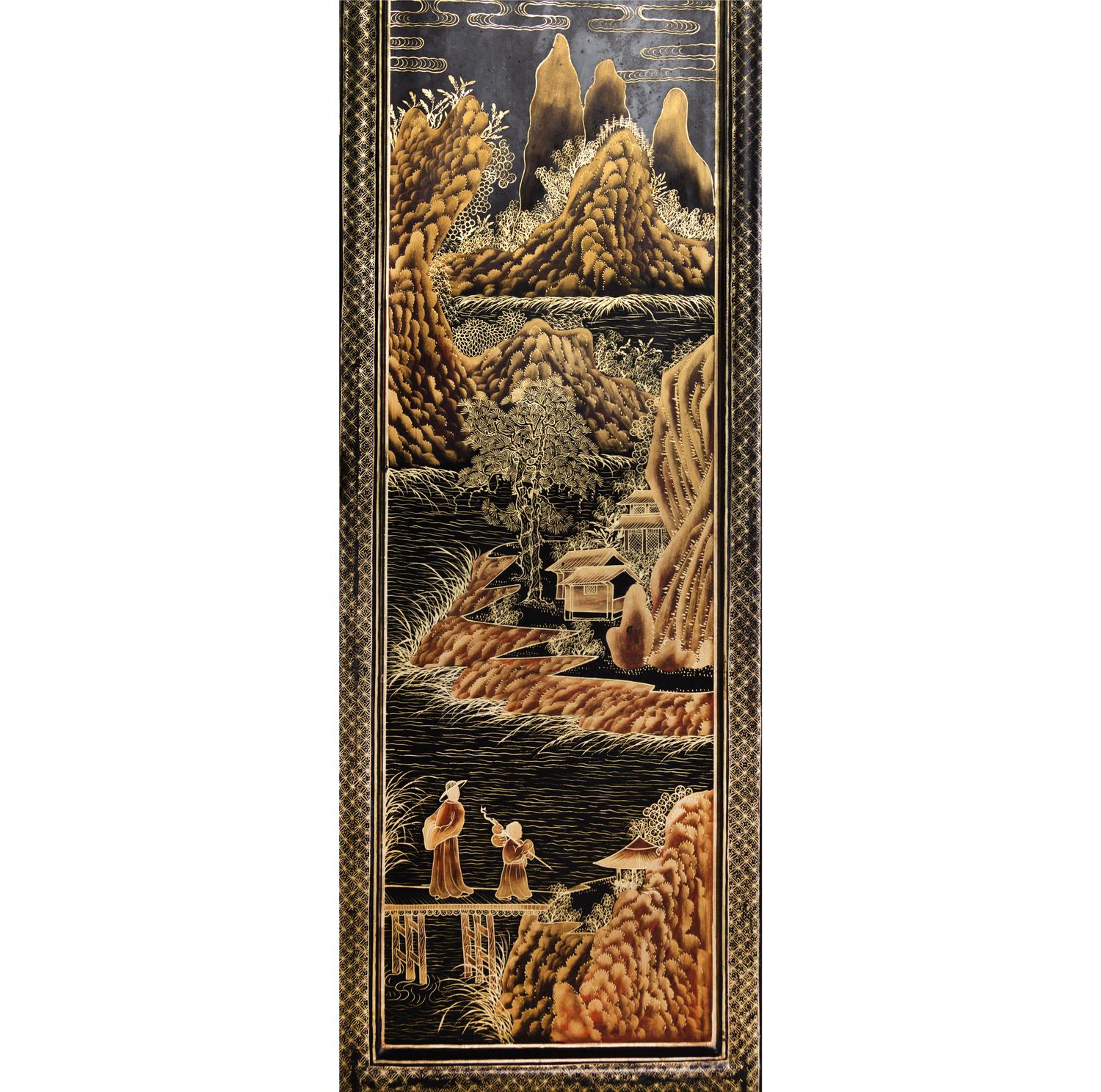 A Japanese Black-Lacquered and Parcel-Gilt Four-Panel Floor Screen