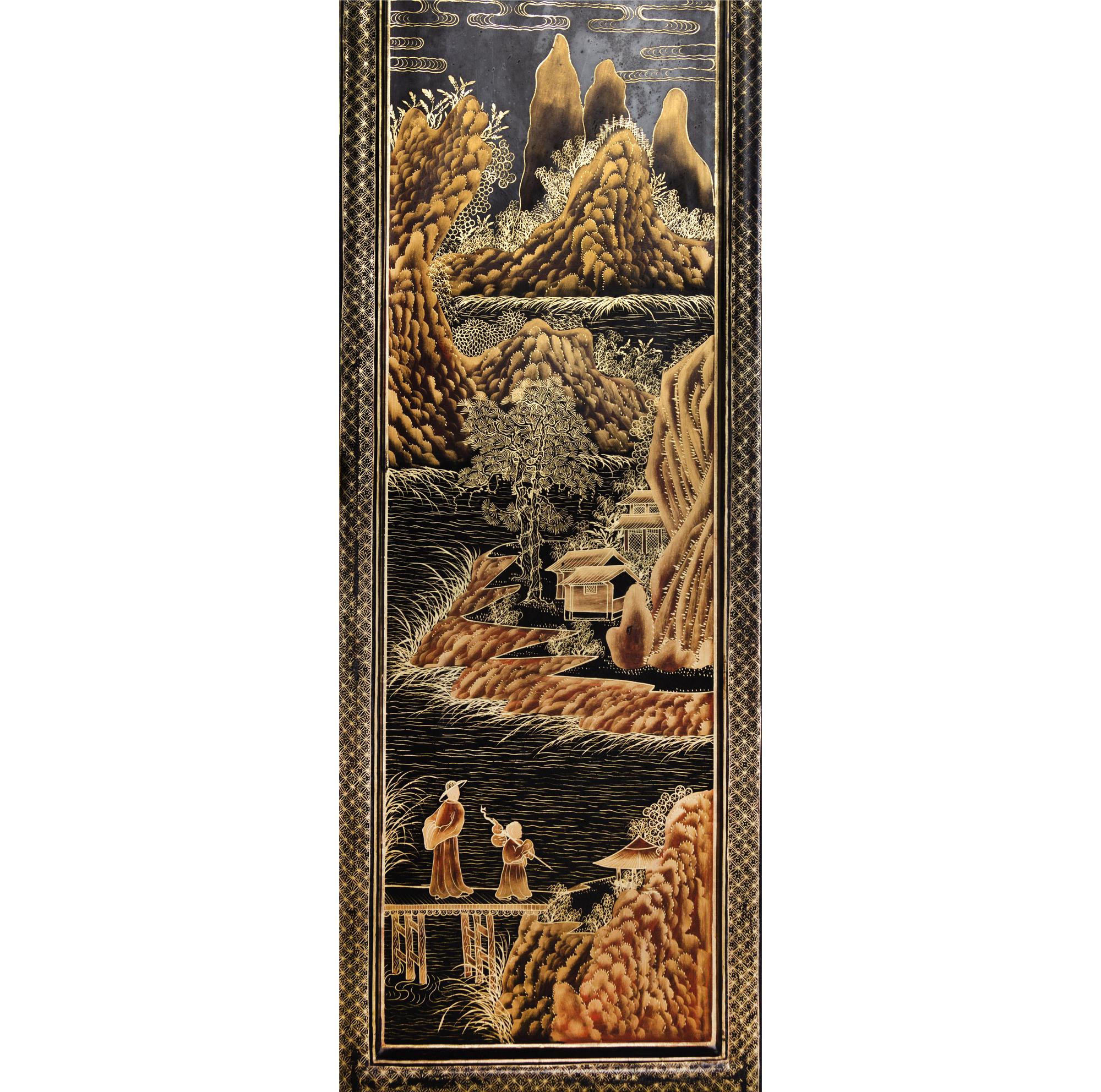 A Japanese Black-Lacquered and Parcel-Gilt Four-Panel Floor Screen