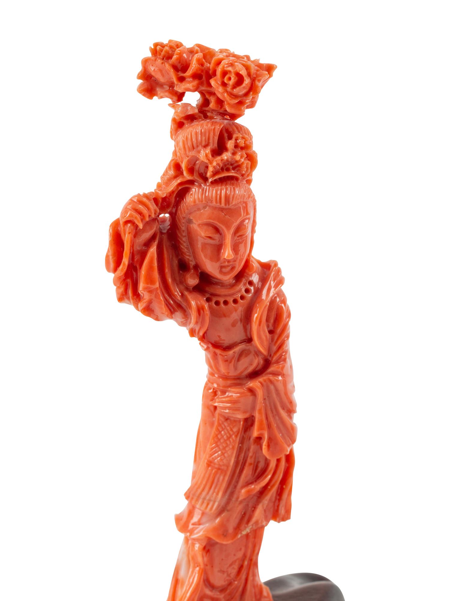 Three Chinese Carved Coral Figures on Wood Stands