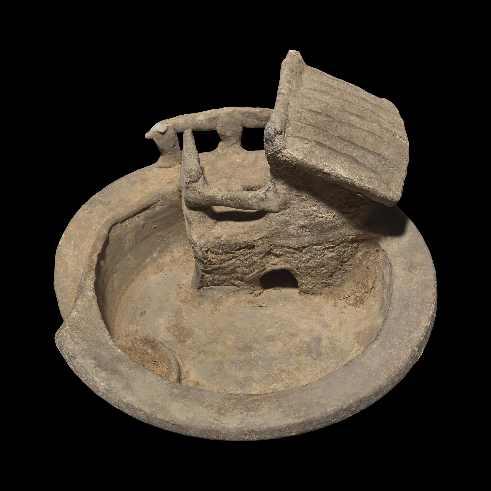 A Chinese Grey Pottery Model of a Pigsty with Occupant, Han Dynasty 漢 陶豬圈