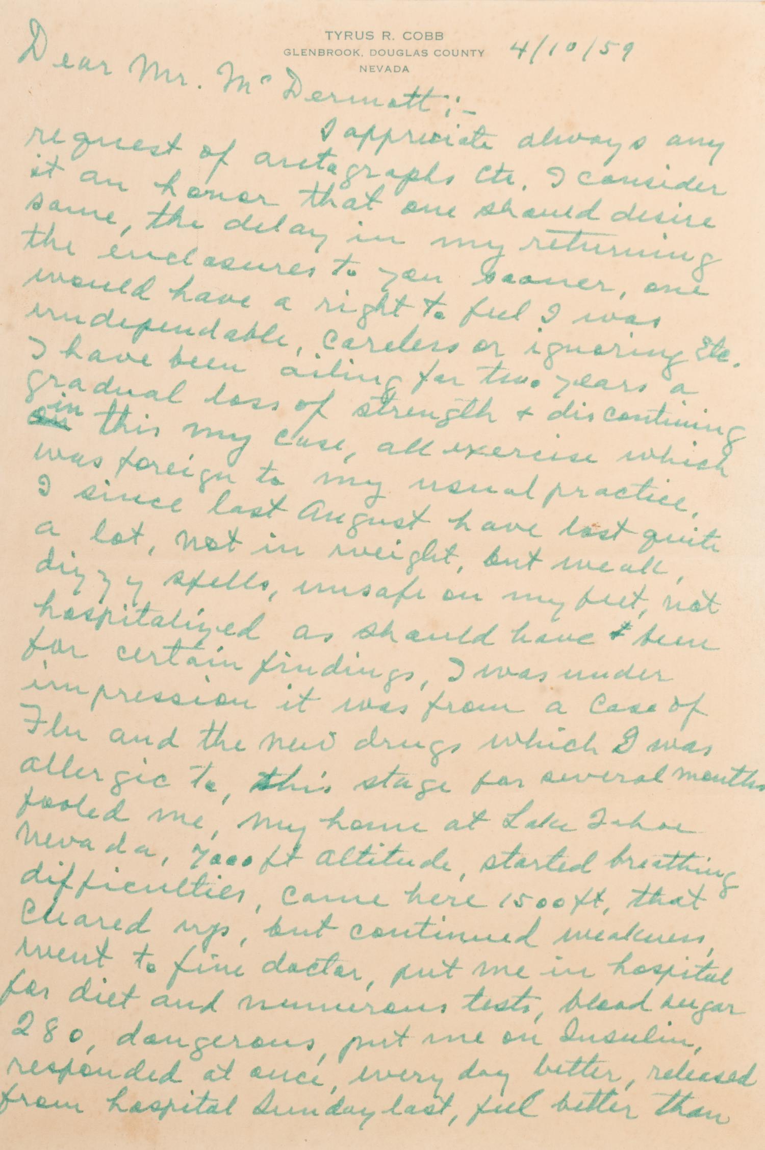 A Ty Cobb Hand Written and Signed Two-Page Letter Dated April 10, 1959 With Apology and Extraordinary Personal Content (BAS Beckett Authentication Services Certified),