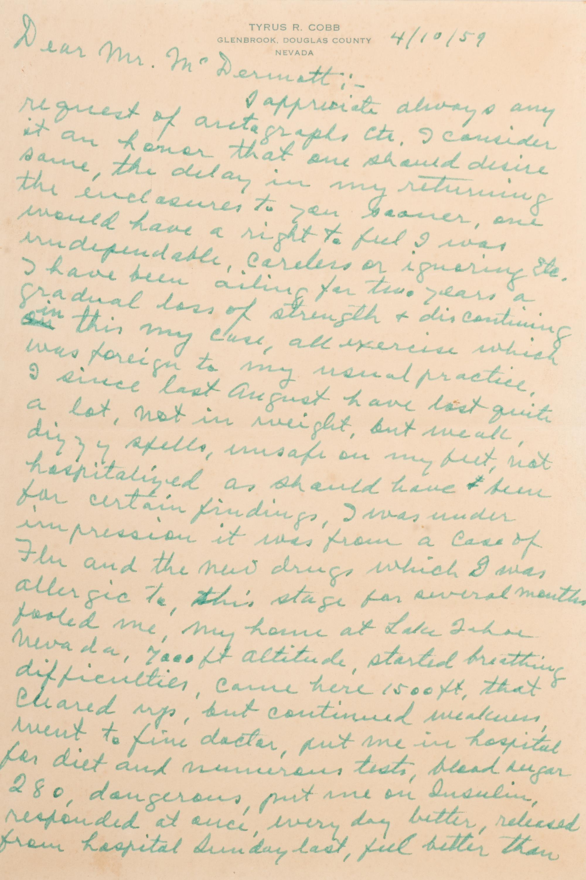 A Ty Cobb Hand Written and Signed Two-Page Letter Dated April 10, 1959 With Apology and Extraordinary Personal Content (BAS Beckett Authentication Services Certified),