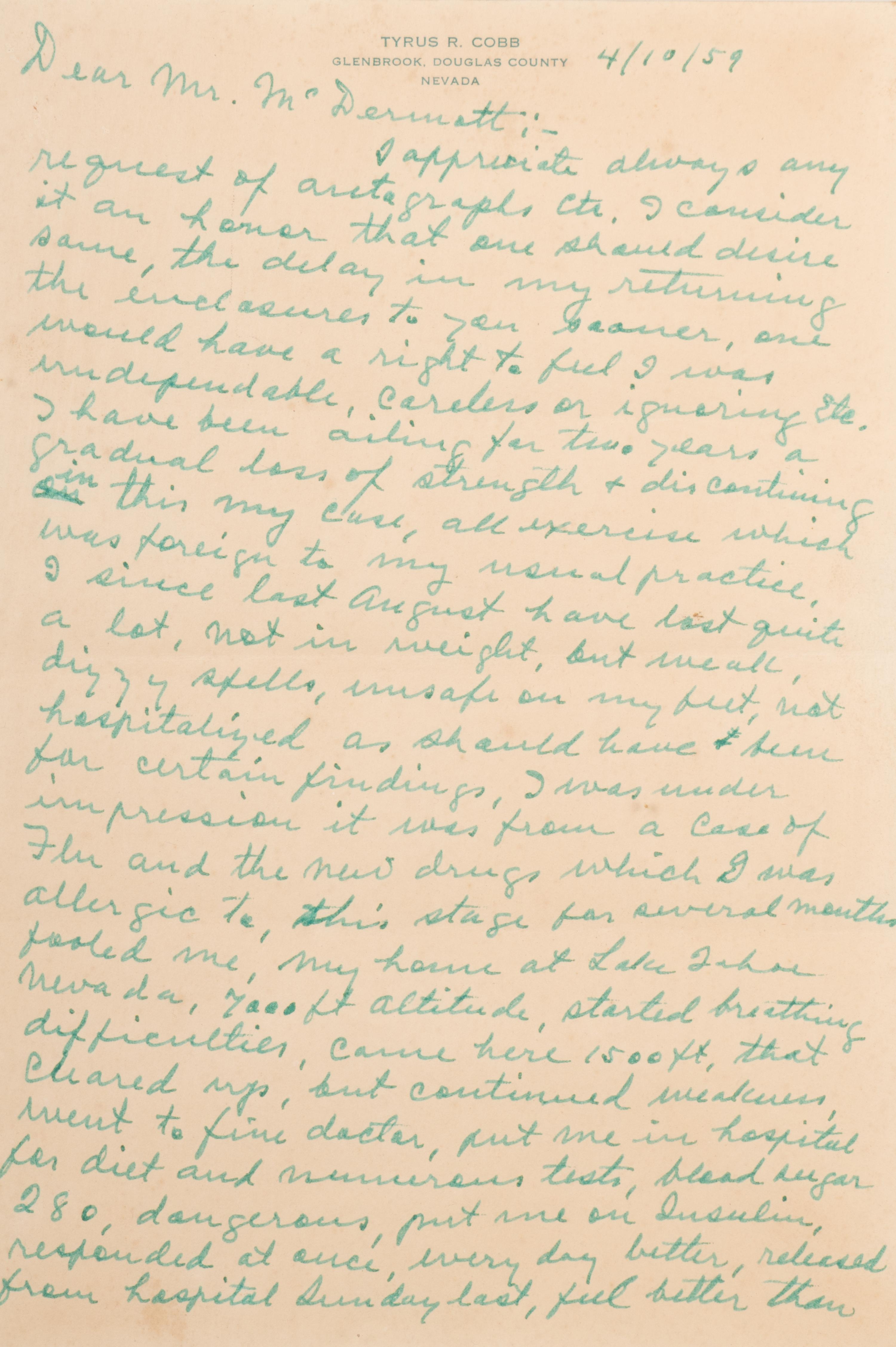A Ty Cobb Hand Written and Signed Two-Page Letter Dated April 10, 1959 With Apology and Extraordinary Personal Content (BAS Beckett Authentication Services Certified),