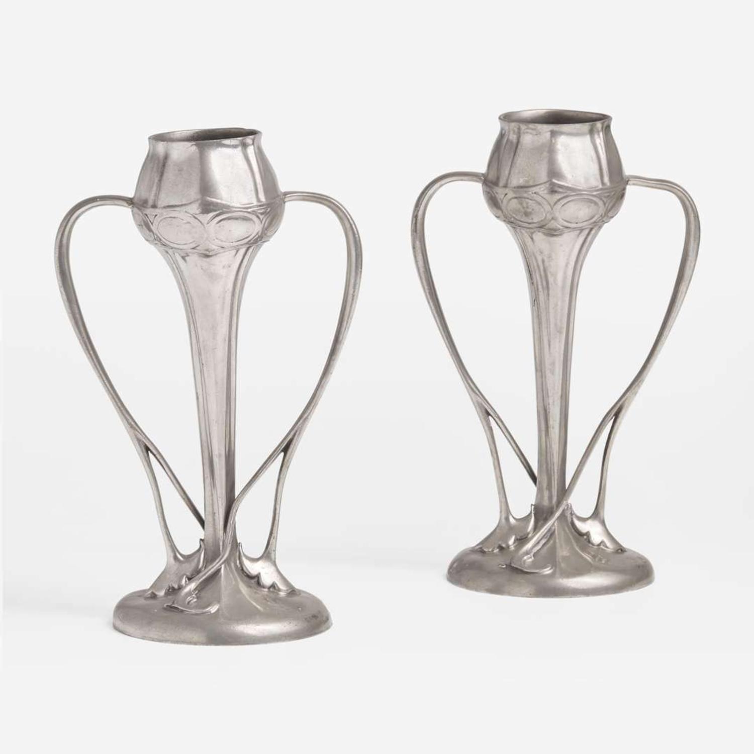 Archibald Knox for Liberty & Co., London Pair of Pewter Twin Handled "Tulip" Vases, England, circa 1903