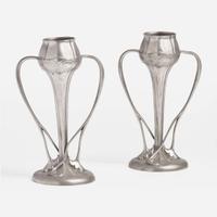 Archibald Knox for Liberty & Co., London Pair of Pewter Twin Handled "Tulip" Vases, England, circa 1903