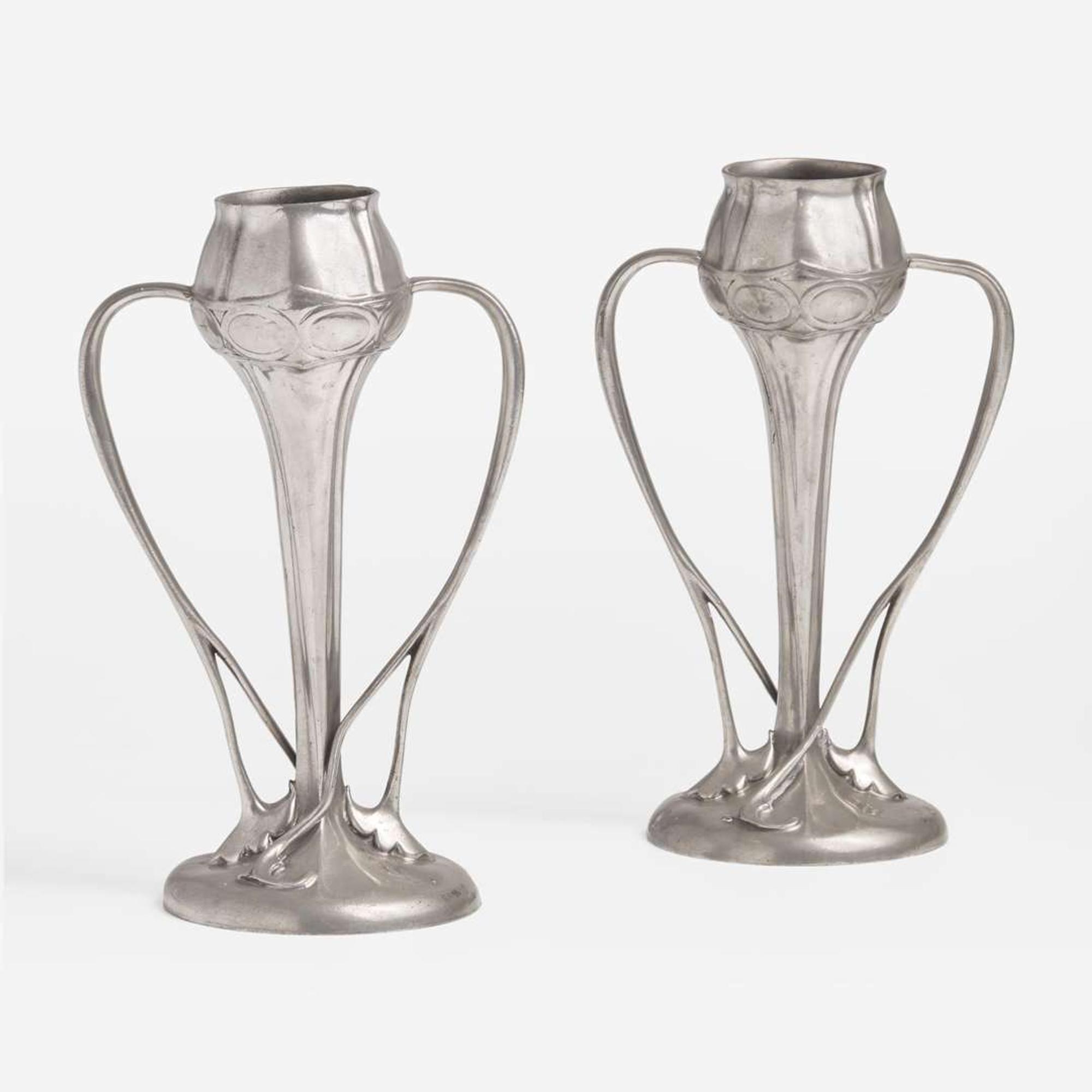 Archibald Knox for Liberty & Co., London Pair of Pewter Twin Handled "Tulip" Vases, England, circa 1903