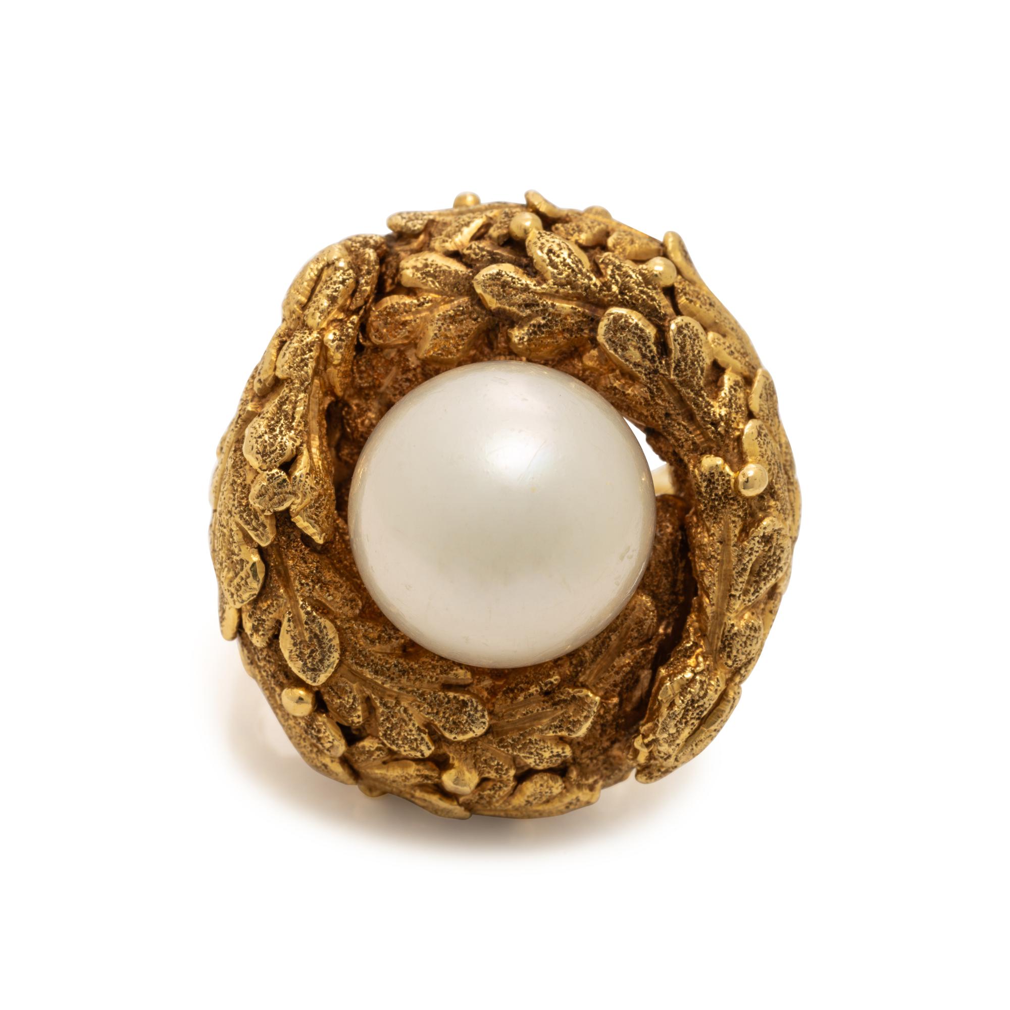 Yellow Gold and Cultured Pearl Foliate Ring