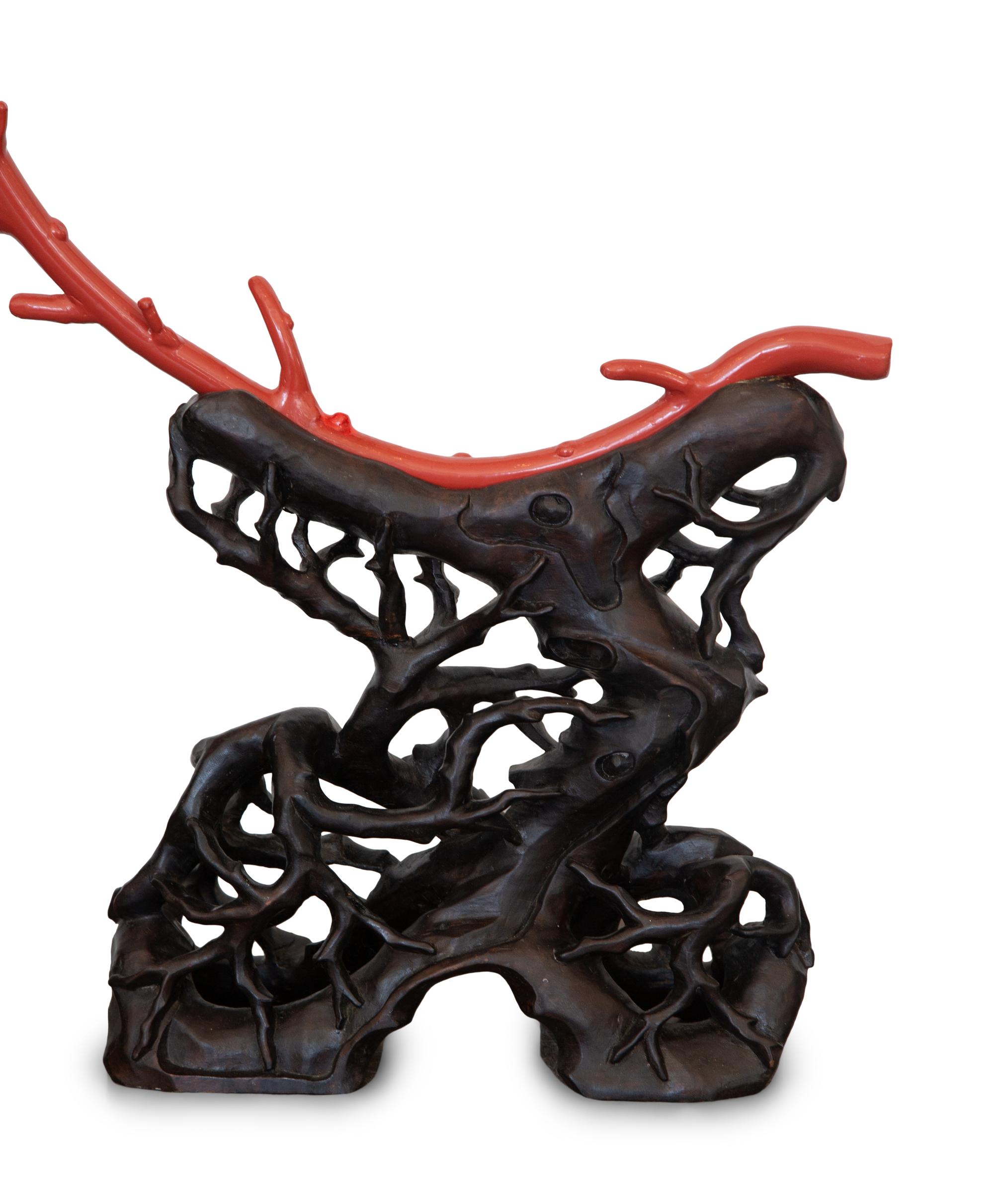 A Large Painted Metal Model of Coral on a Pierce Carved Hardwood Stand