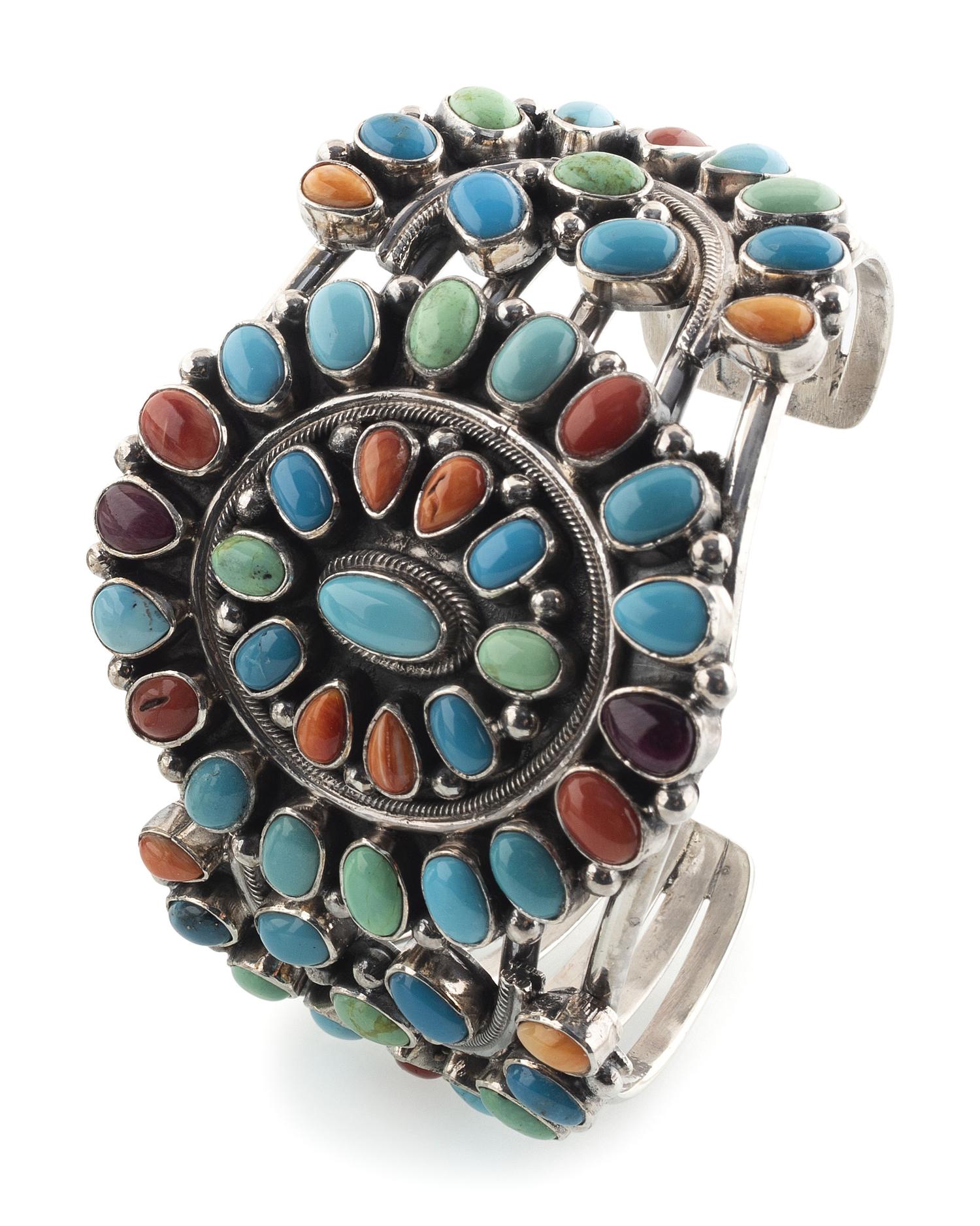 Navajo Sterling Silver and Colorful Cluster Cuff Bracelet