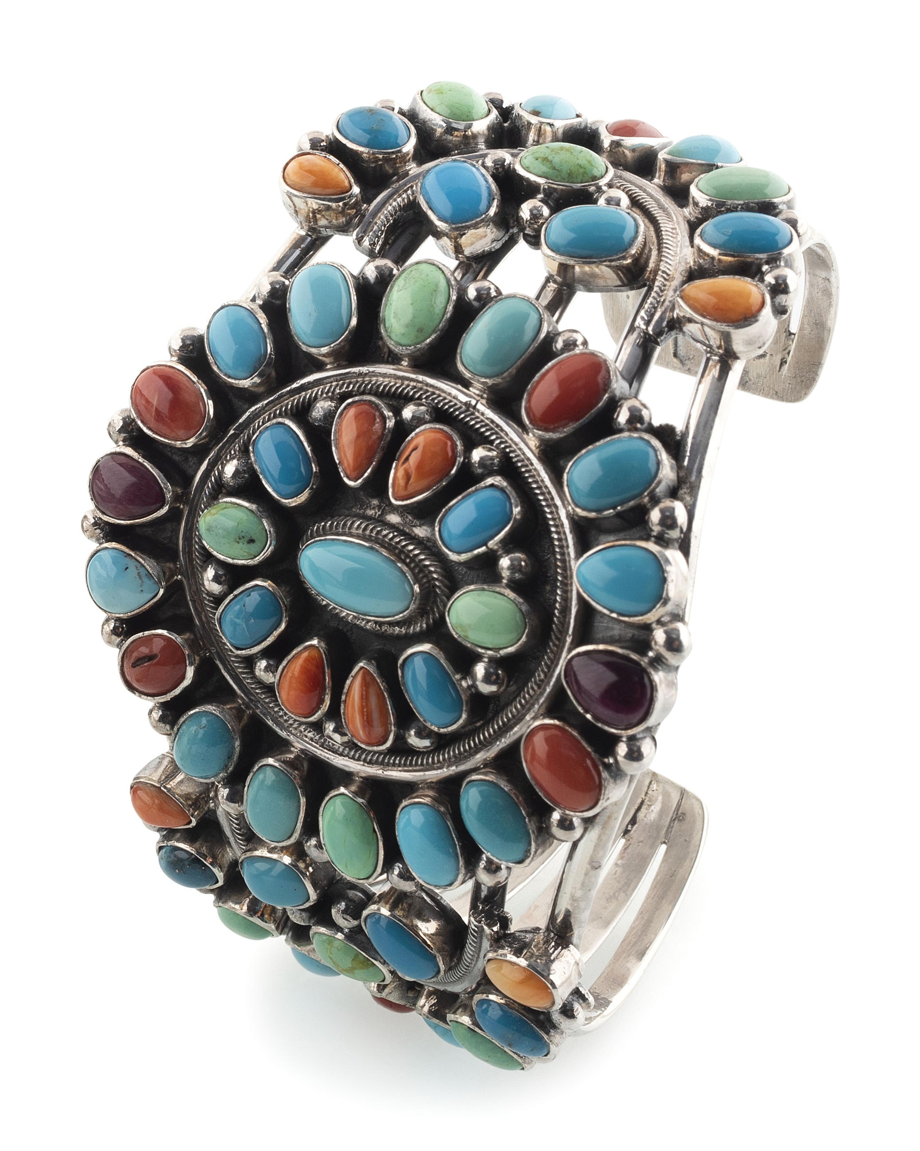 Navajo Sterling Silver and Colorful Cluster Cuff Bracelet
