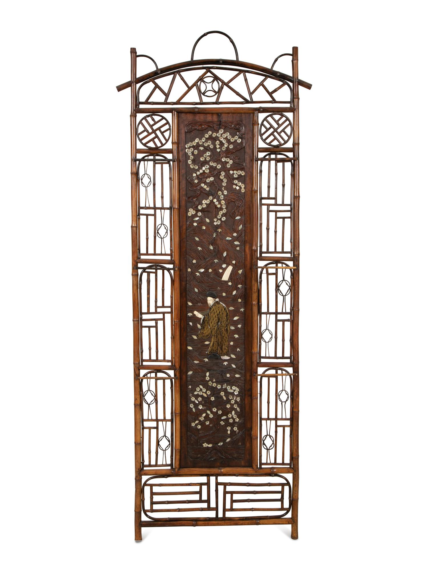A Chinese Bamboo Screen Panel with Mother-of-Pearl Inlay