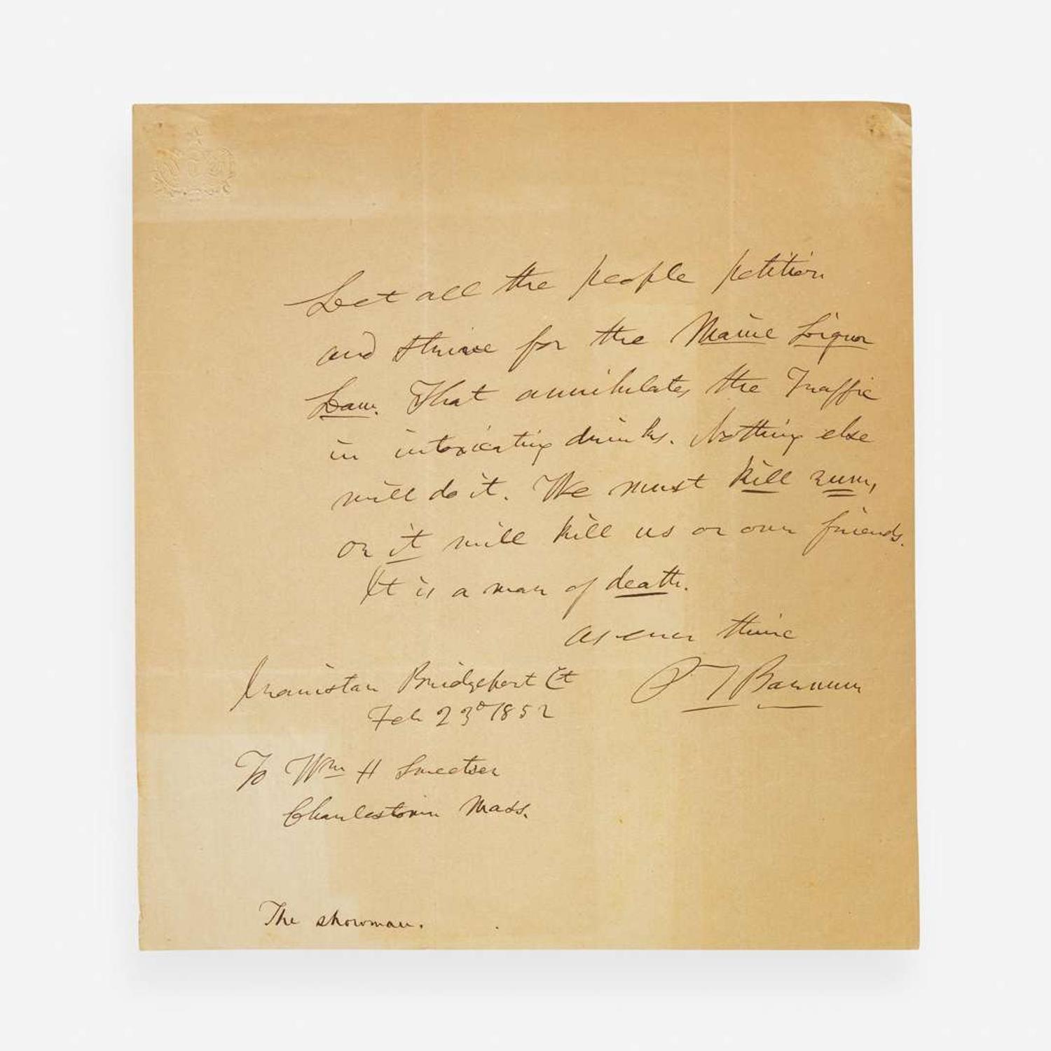 [Americana] Barnum, P.T. Group of 2 Autograph Letters, signed