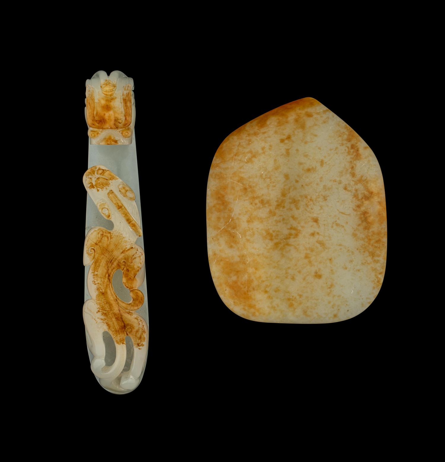 Two Chinese Russet and Jade Belt Hooks
