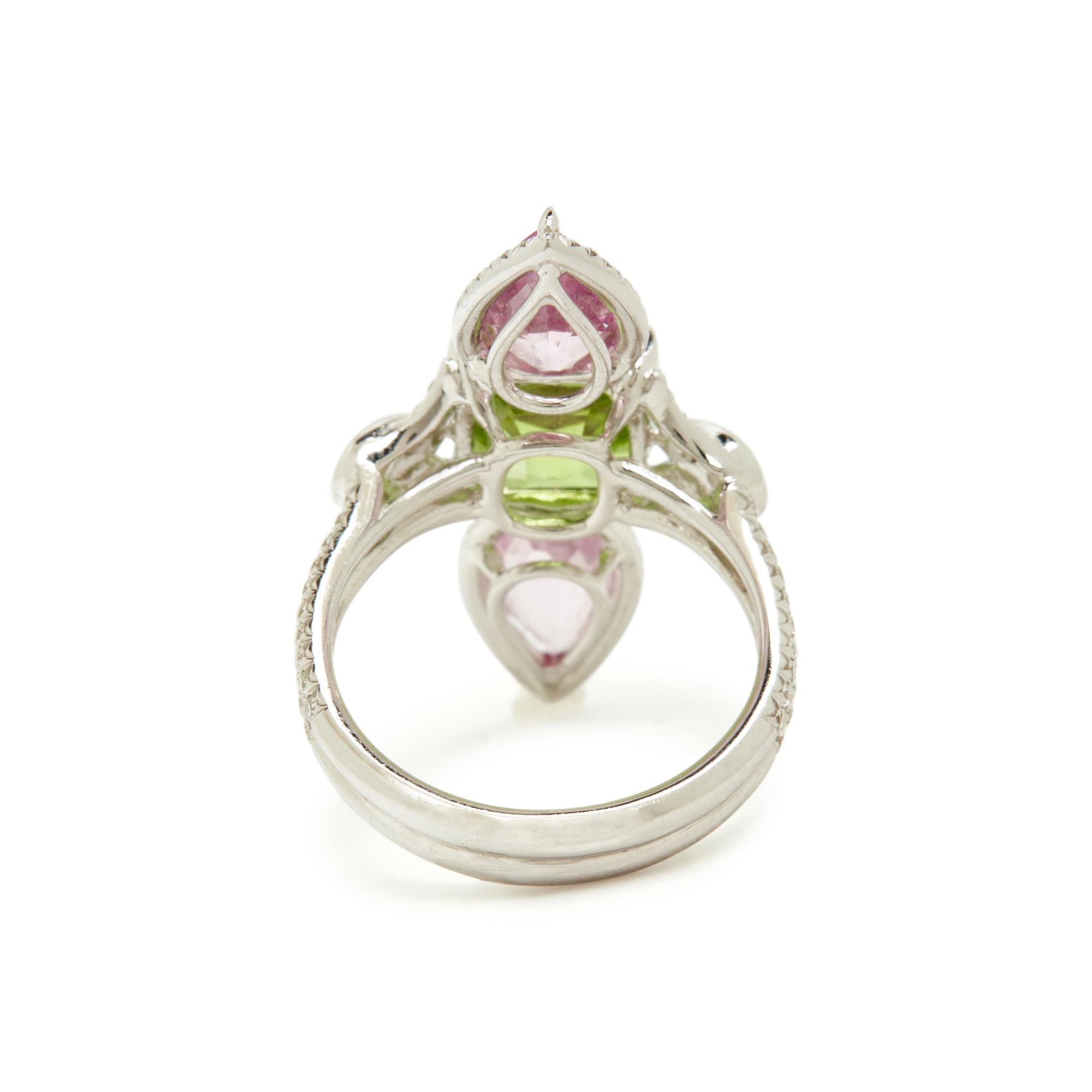 WHITE GOLD, PERIDOT, DIAMOND, AND PINK SPINEL RING