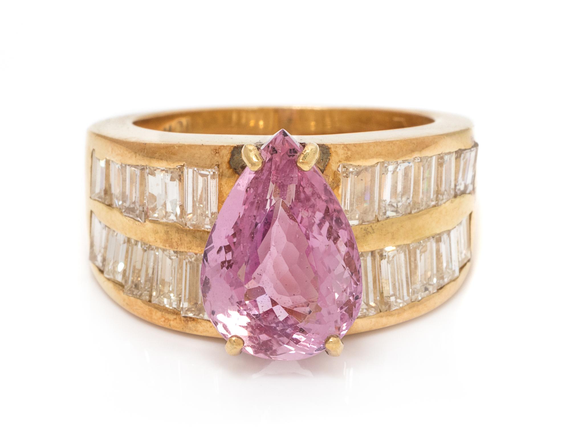 An 18 Karat Yellow Gold, Pink Topaz and Diamond Ring,