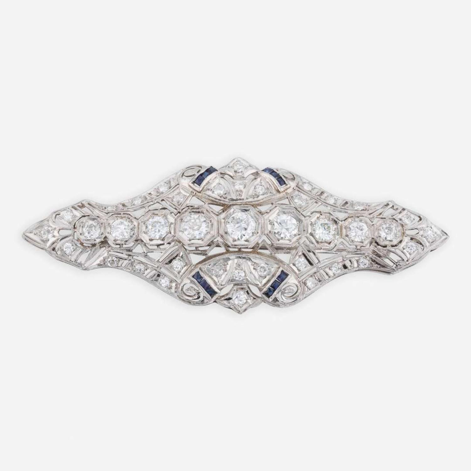 Art Deco 14K White Gold, Diamond, and Sapphire Pendant
