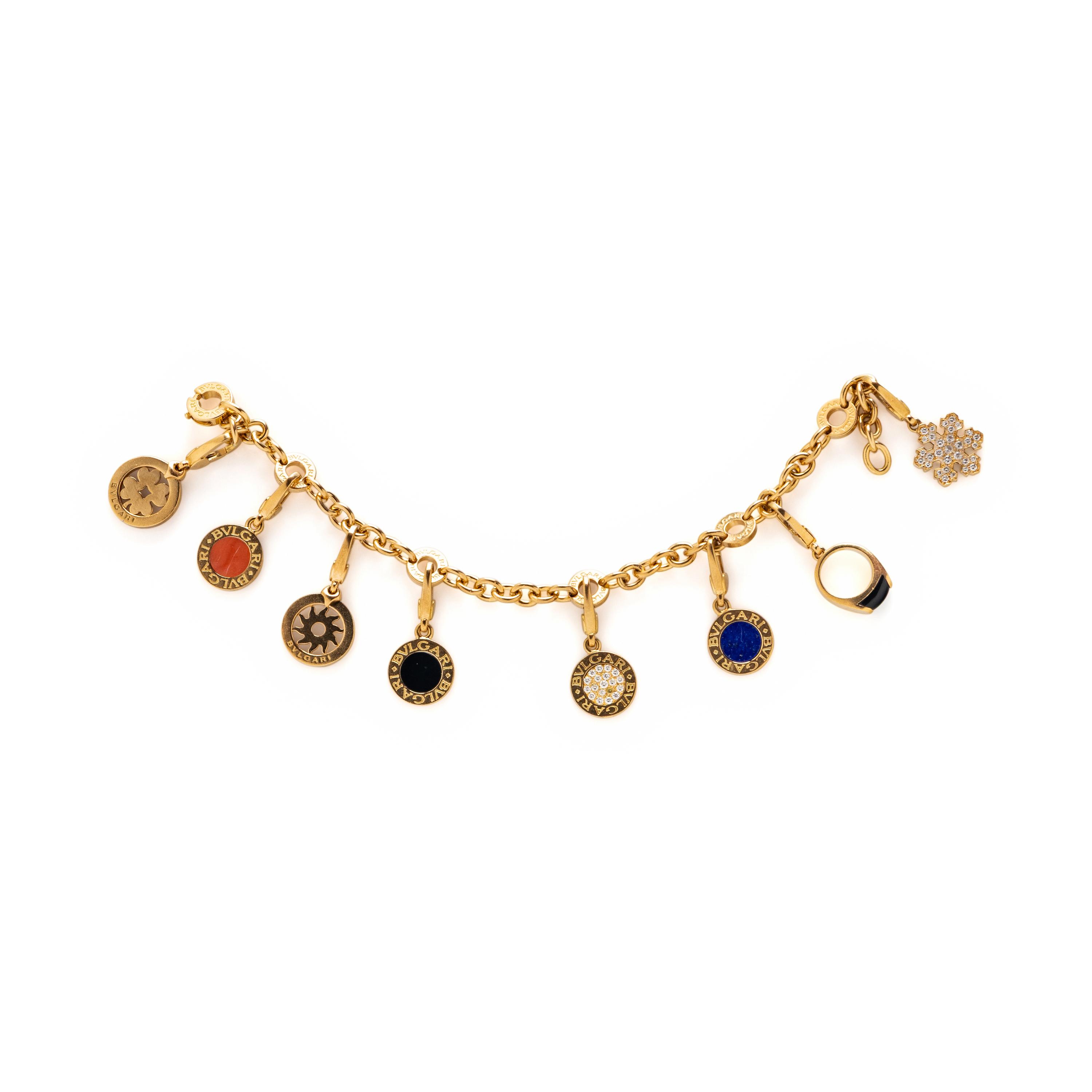 BULGARI, 'BVLGARI BVLGARI' YELLOW GOLD, DIAMOND, AND MULTIGEM CHARM BRACELET