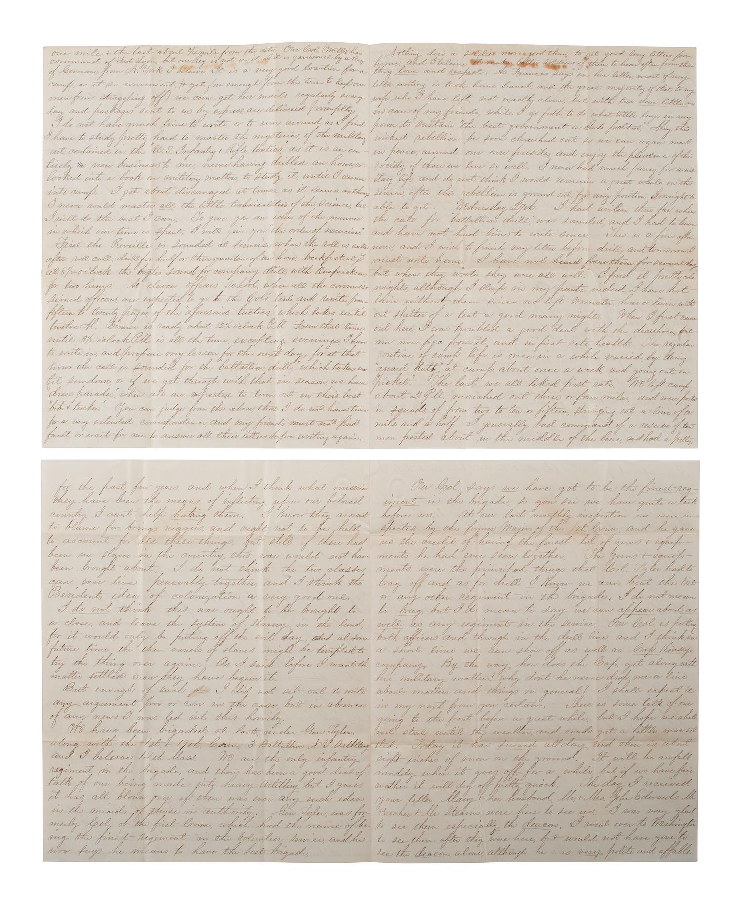 [CIVIL WAR]. A group of 4 letters written by Lieutenant Malcom Ammidon, Companies H & C, 34th Massachusetts, with Lincoln and slavery content.