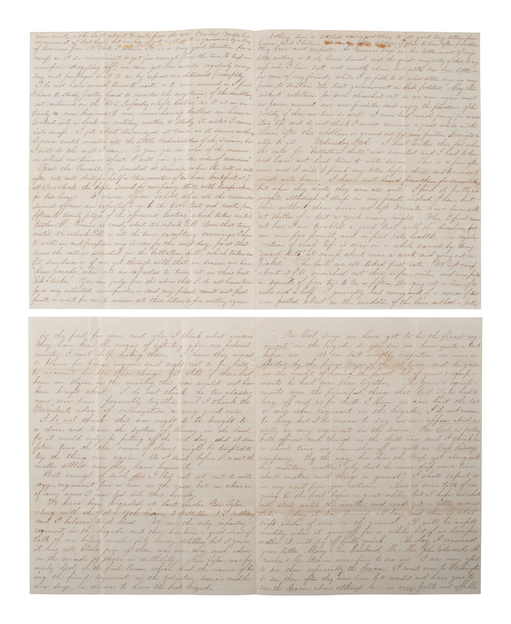 [CIVIL WAR]. A group of 4 letters written by Lieutenant Malcom Ammidon, Companies H & C, 34th Massachusetts, with Lincoln and slavery content.
